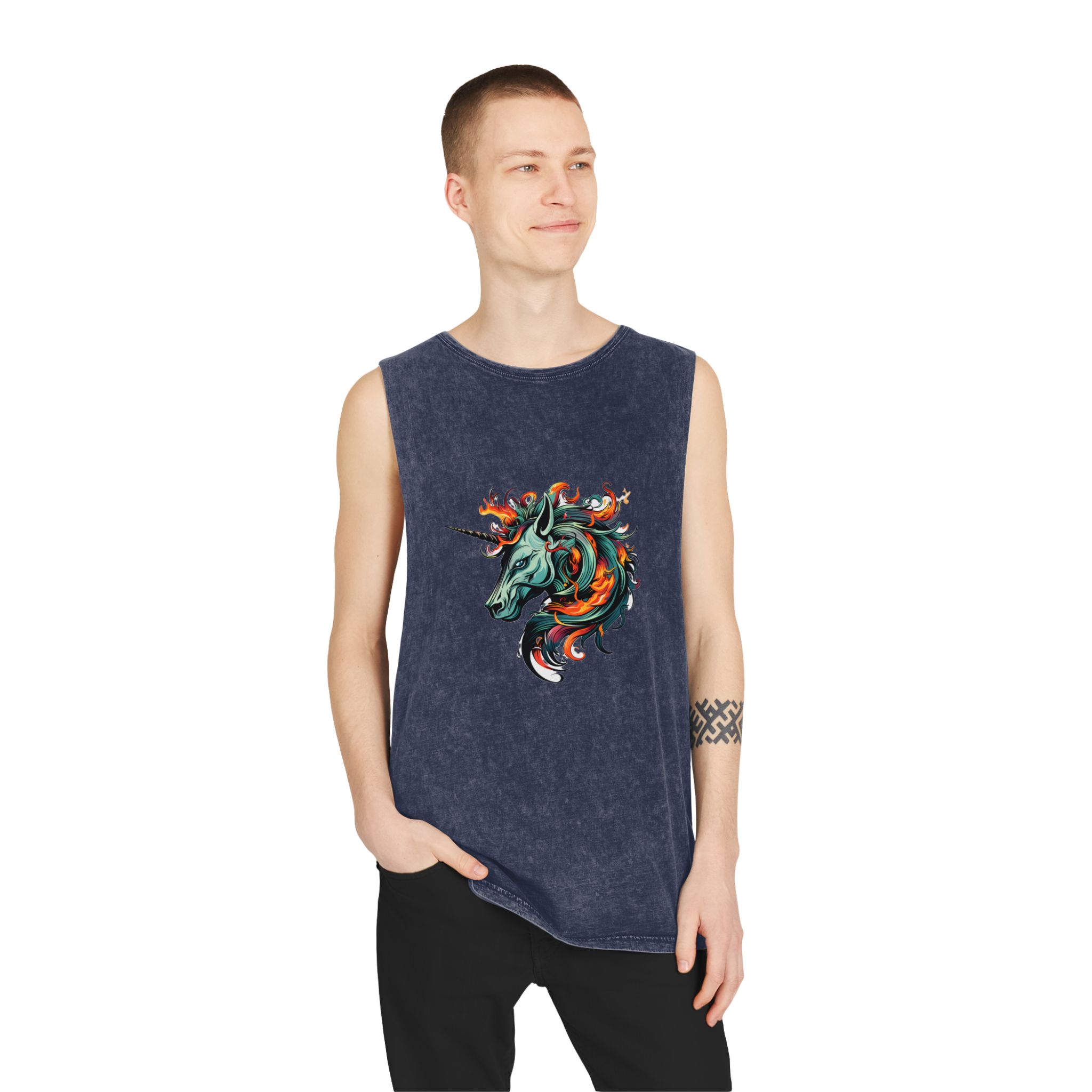 Unicorn Head Tshirt Tattoo Design Dark Art Illustration Isolated White (1) Unisex Stonewash Tank Top - Image 15