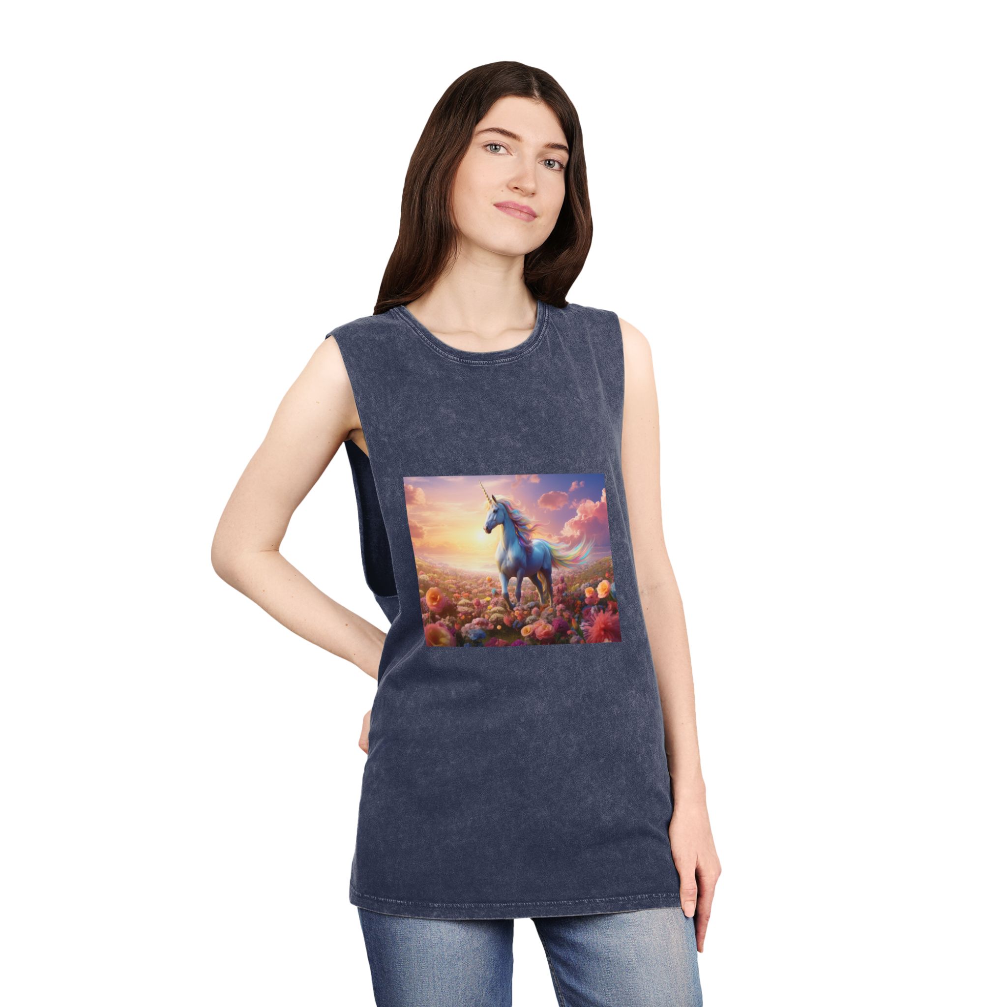 Unicorn Flower Field Unisex Stonewash Tank Top - Image 16