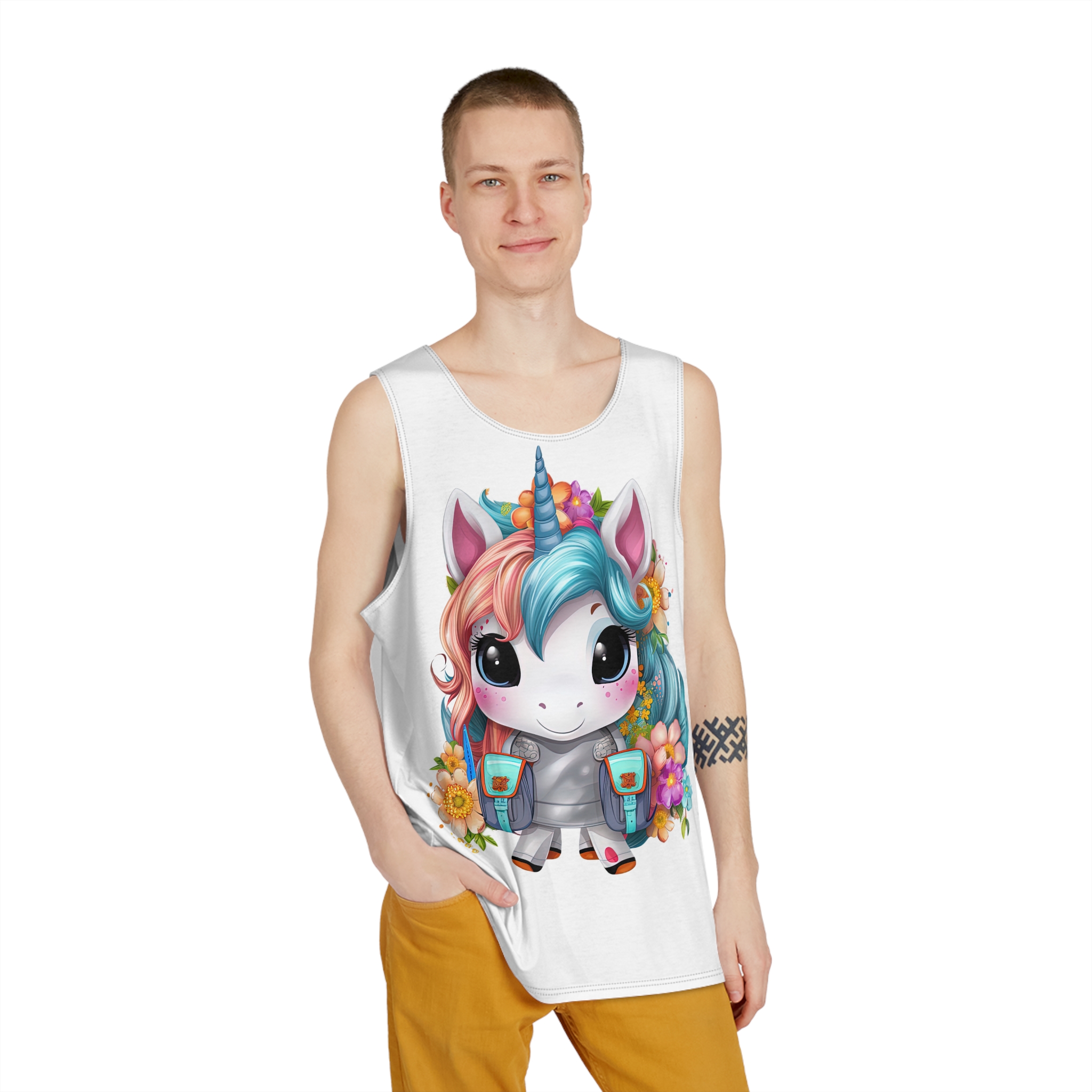 Unicorn With Bow Sword Her Hand Is Holding Sword Mens Tank Aop - Image 3