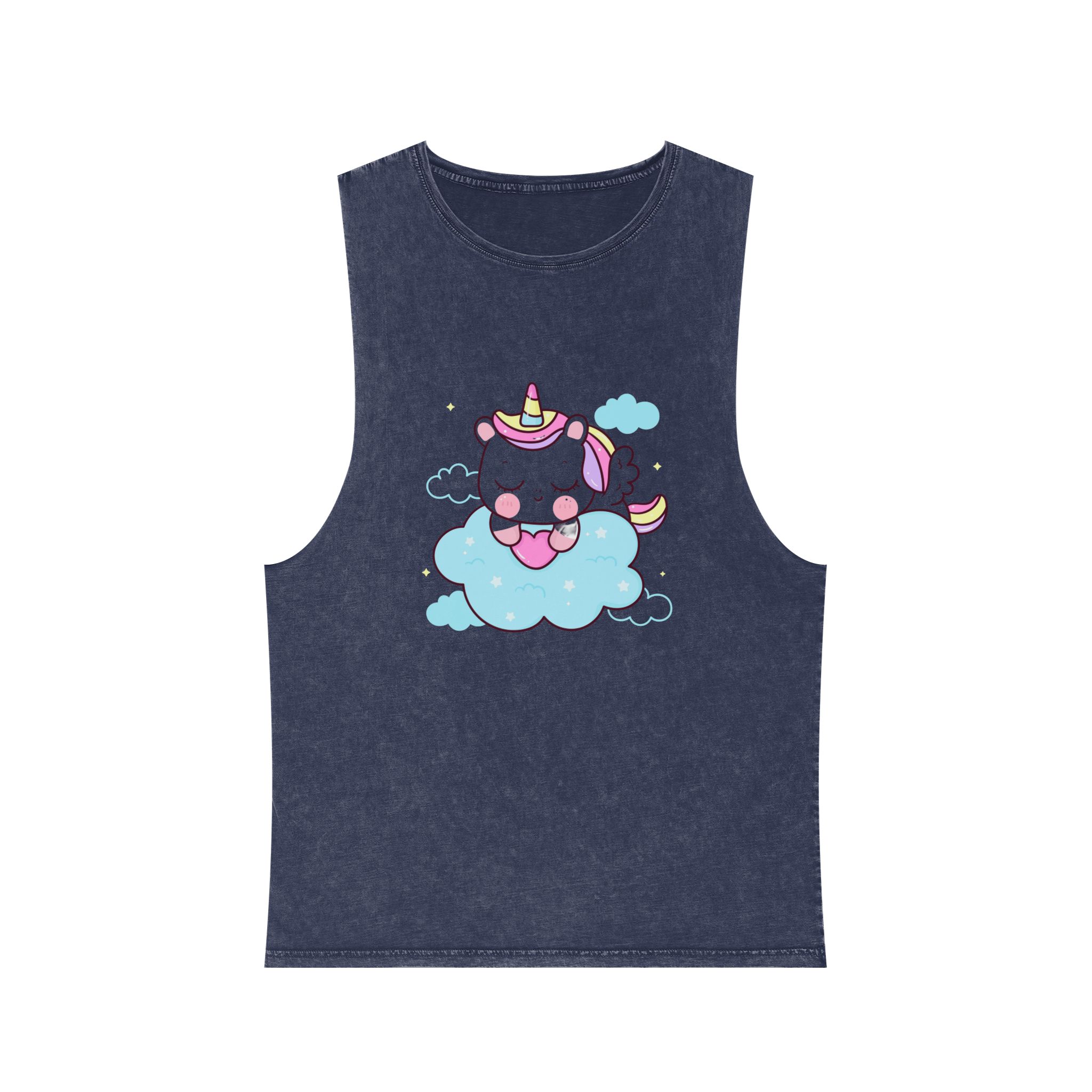 Cute Unicorn Pegasus Cartoon Sleep Holding Heart Cloud Kawaii Animal Unisex Stonewash Tank Top - Image 13