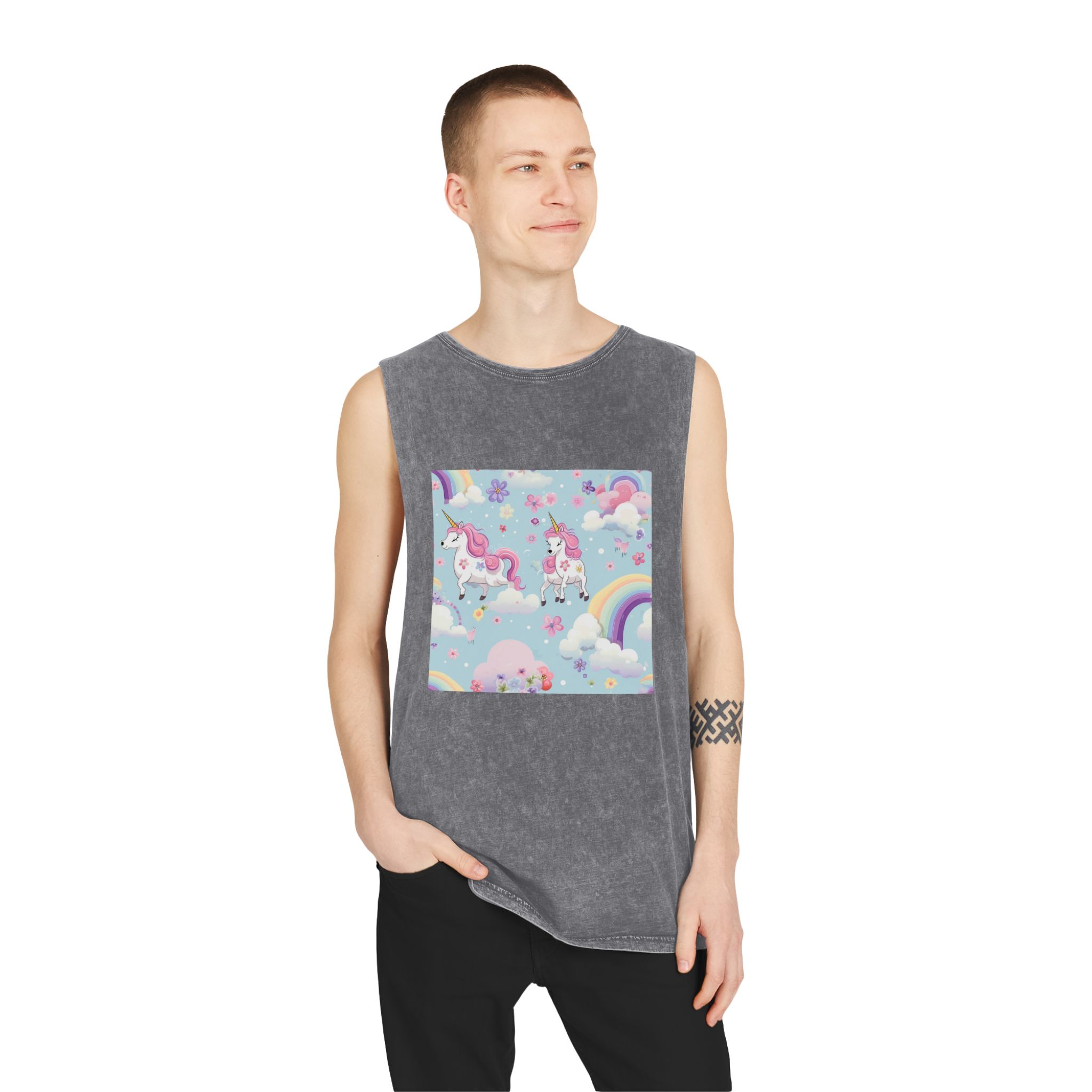 Playful Unicorns Among Flowers Clouds Rainbows Ice Creams Pastel Background Unisex Stonewash Tank Top - Image 11