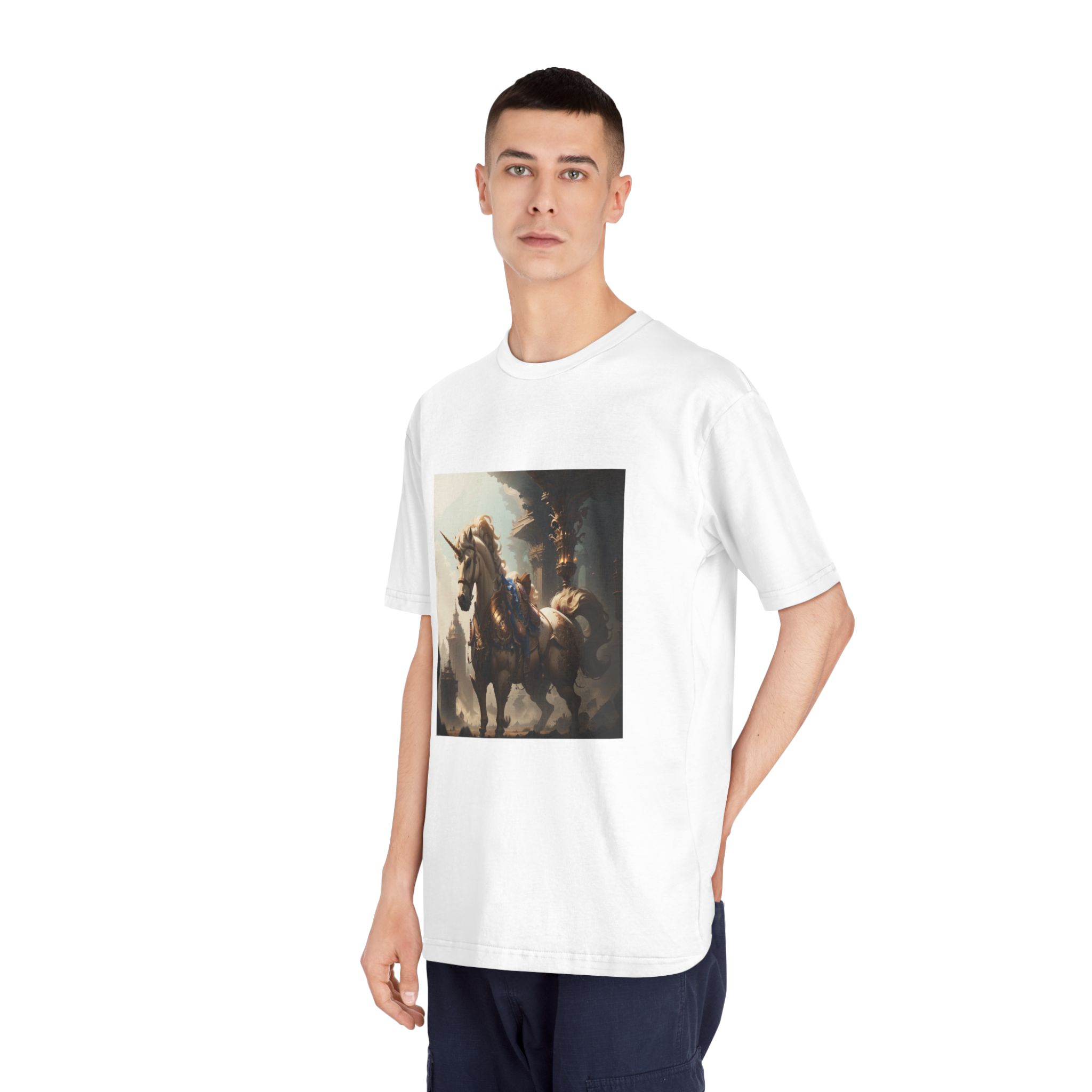 Unicorn With Sword Its Back Is Standing Front Building Unisex Classic Crewneck T Shirt - Image 4