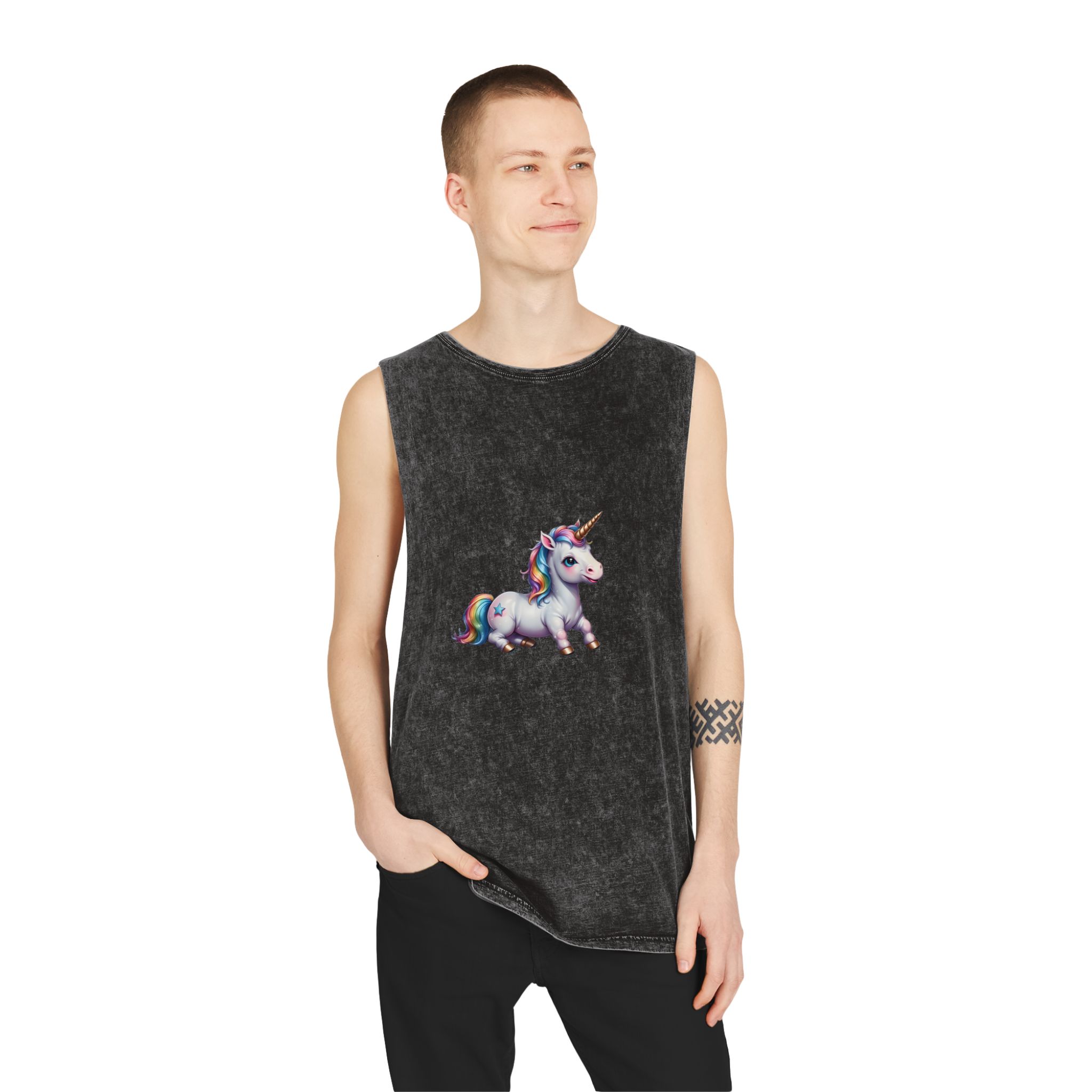 Happy Unicorn Background Sky Rainbow Unisex Stonewash Tank Top - Image 3