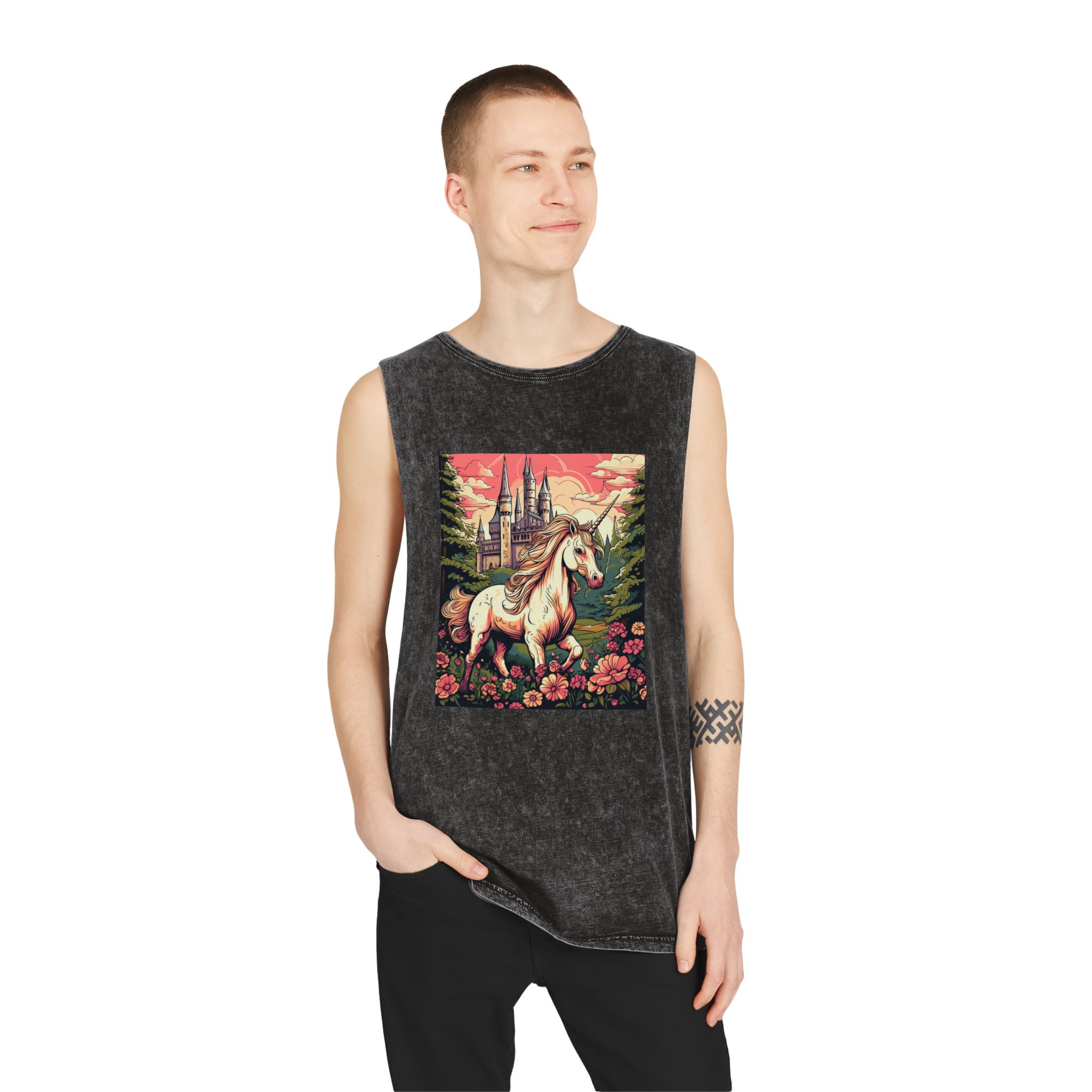Unicorn Front Castle With Flowers Trees Generative Ai Unisex Stonewash Tank Top - Image 3