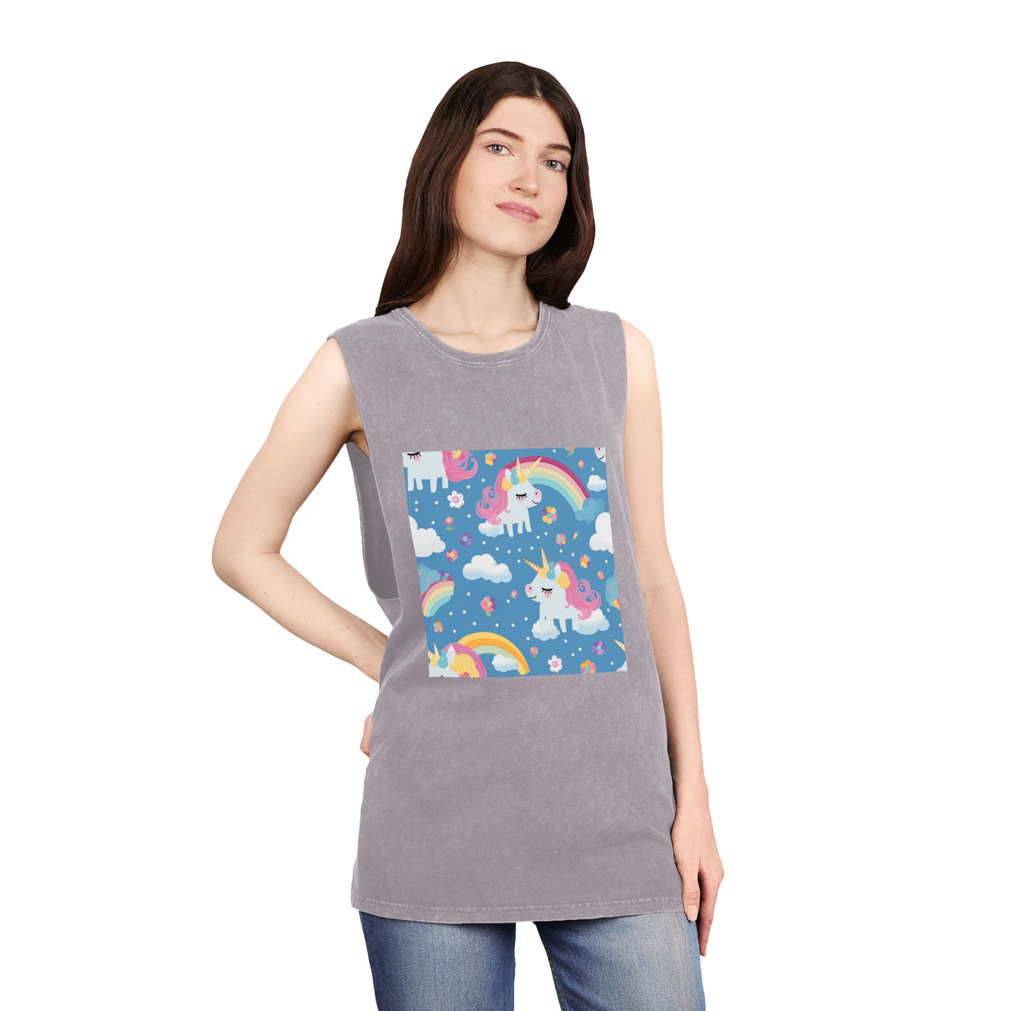 Playful Unicorns Flowers Clouds Rainbows Ice Creams Pastel Background (17) Unisex Stonewash Tank Top - Image 20