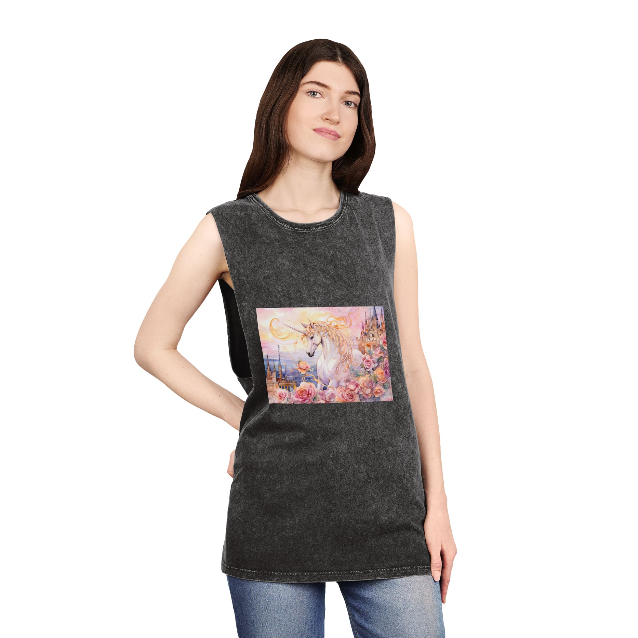 Painting Unicorn Castle With Roses Castle Background Generative Ai Unisex Stonewash Tank Top - Image 4