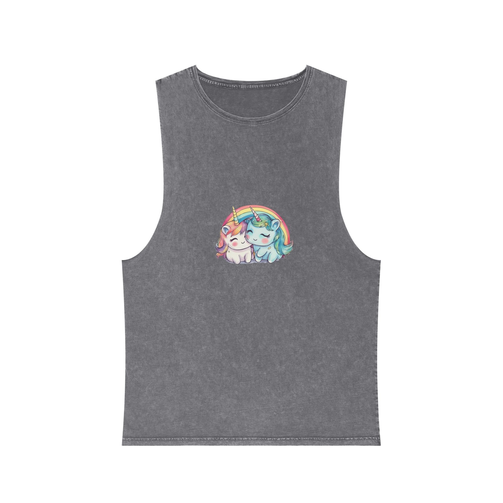 Pair Adorable Light Blue Pink Unicorns Isolated Rainbow Colors Background (1) Unisex Stonewash Tank Top - Image 9