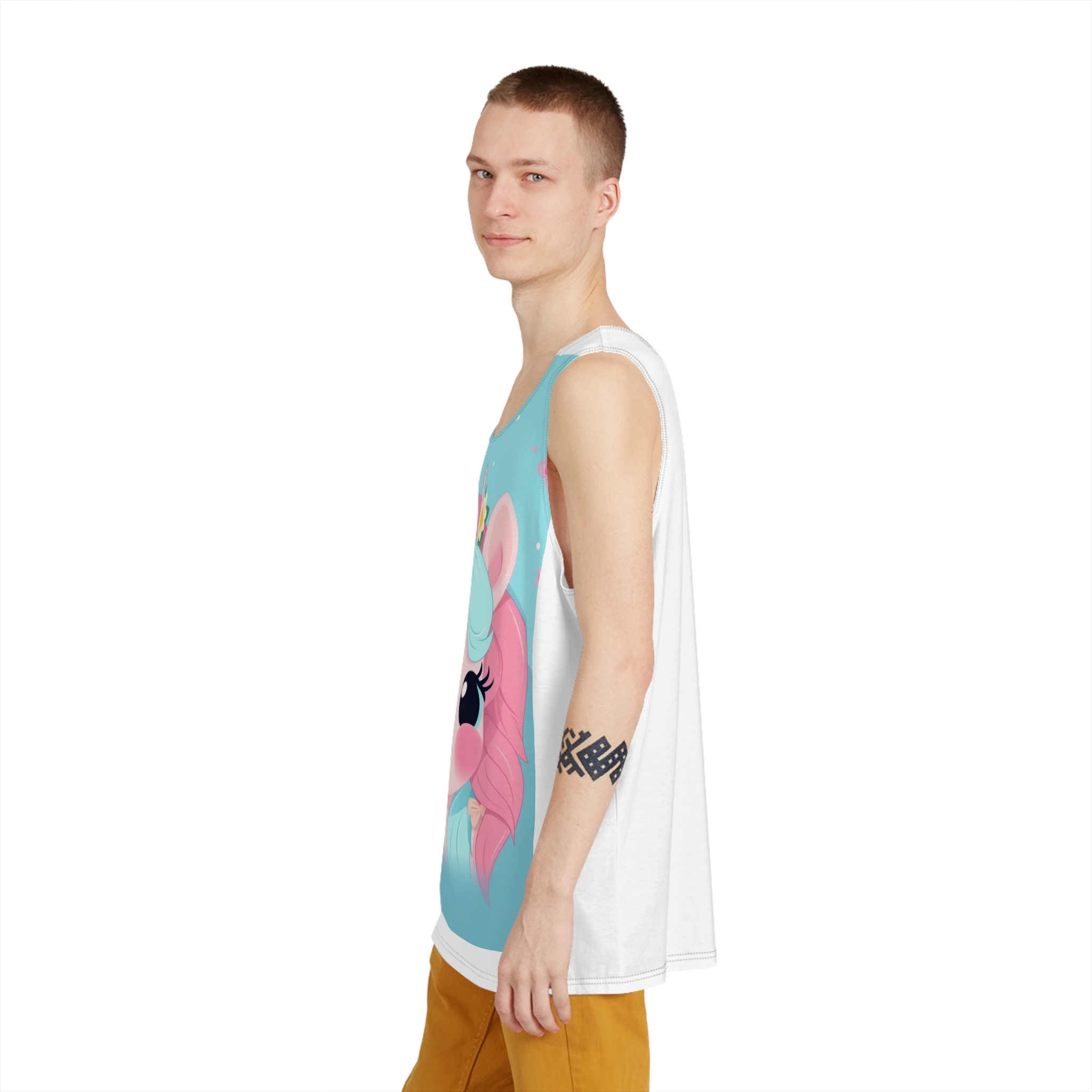 Close Up Cartoon Unicorn With Flower Crown Her Head Generative Ai Mens Tank Aop