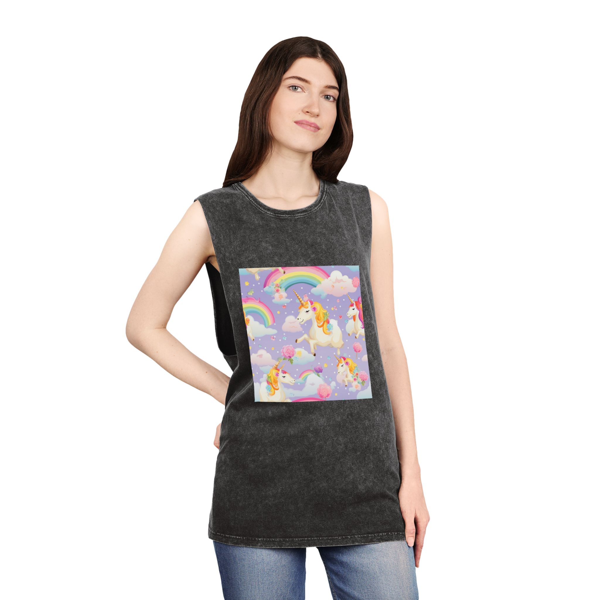 Playful Unicorns Among Flowers Clouds Rainbows Ice Creams Pastel Background (5) Unisex Stonewash Tank Top - Image 4