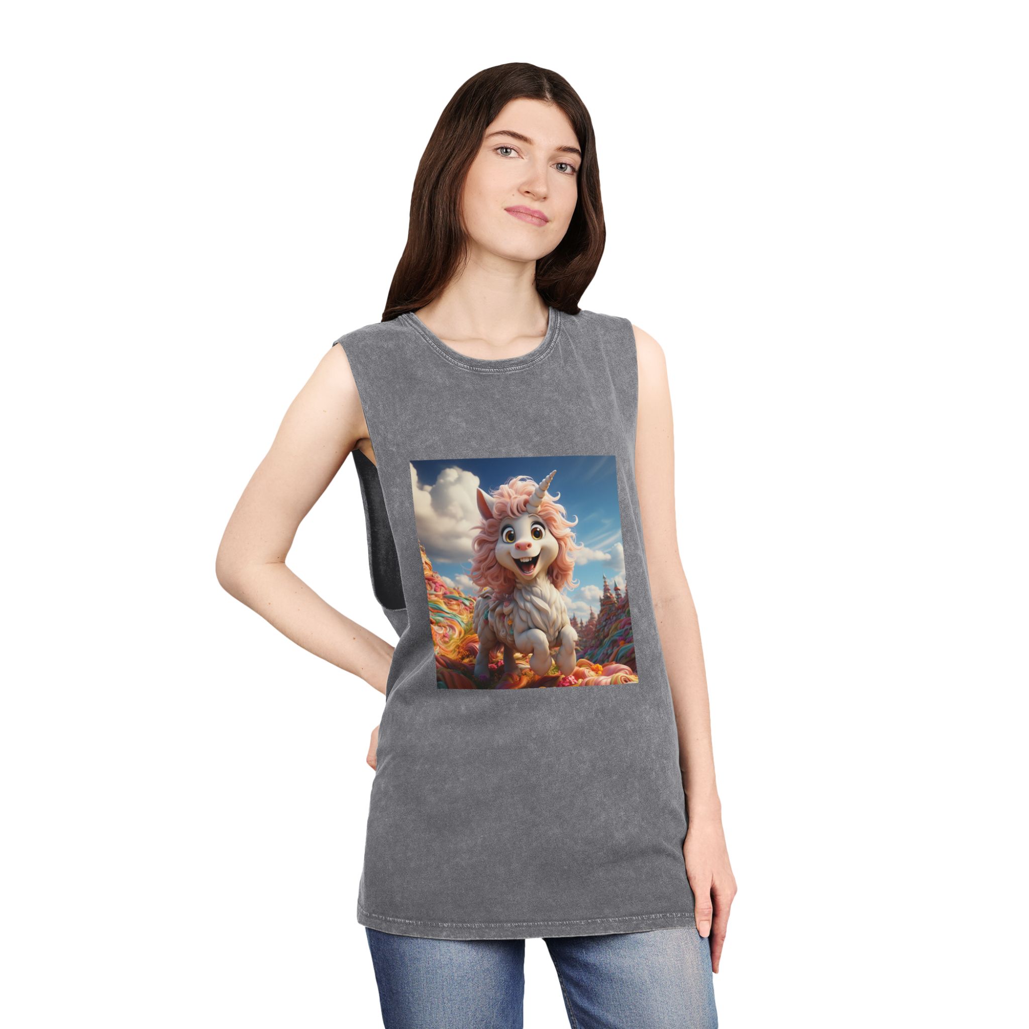 There Is Cartoon Unicorn That Is Standing Field Candy Generative Ai Unisex Stonewash Tank Top - Image 12