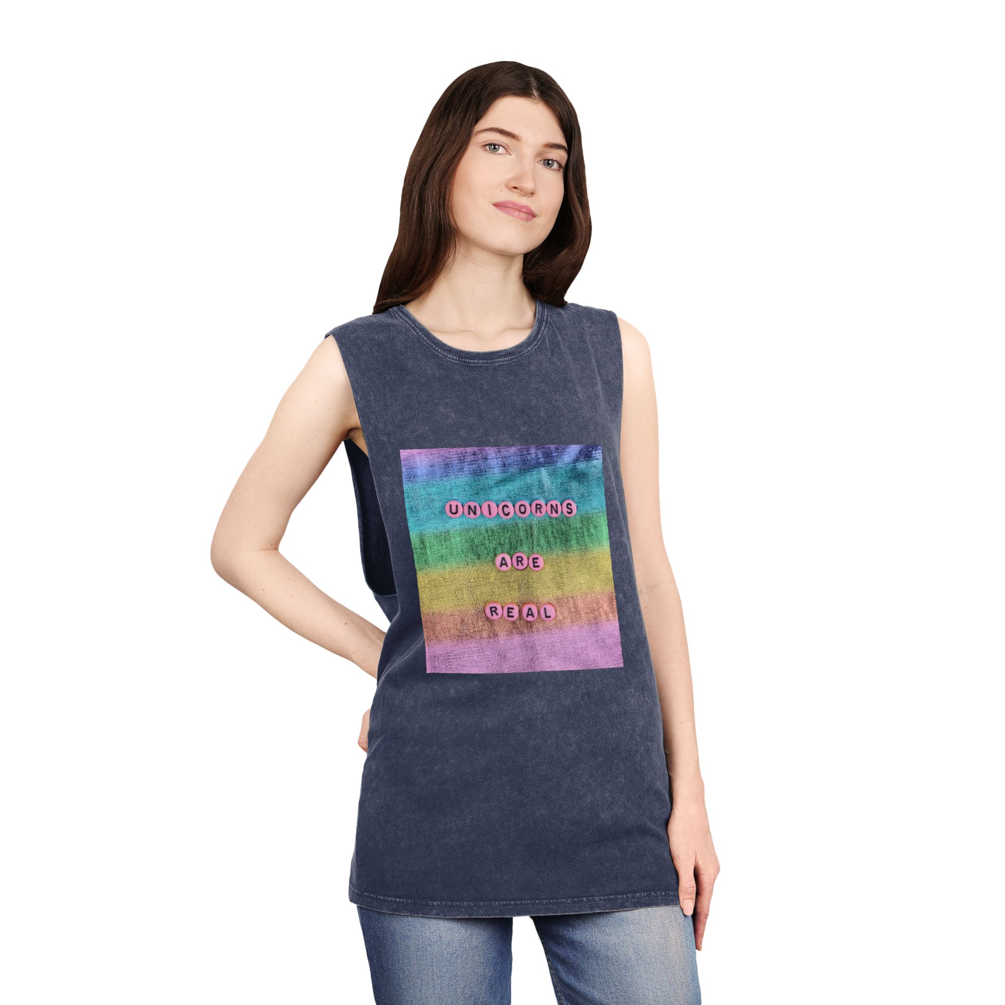 Pink Unicorns Are Real Beads Message Typography Unisex Stonewash Tank Top - Image 16