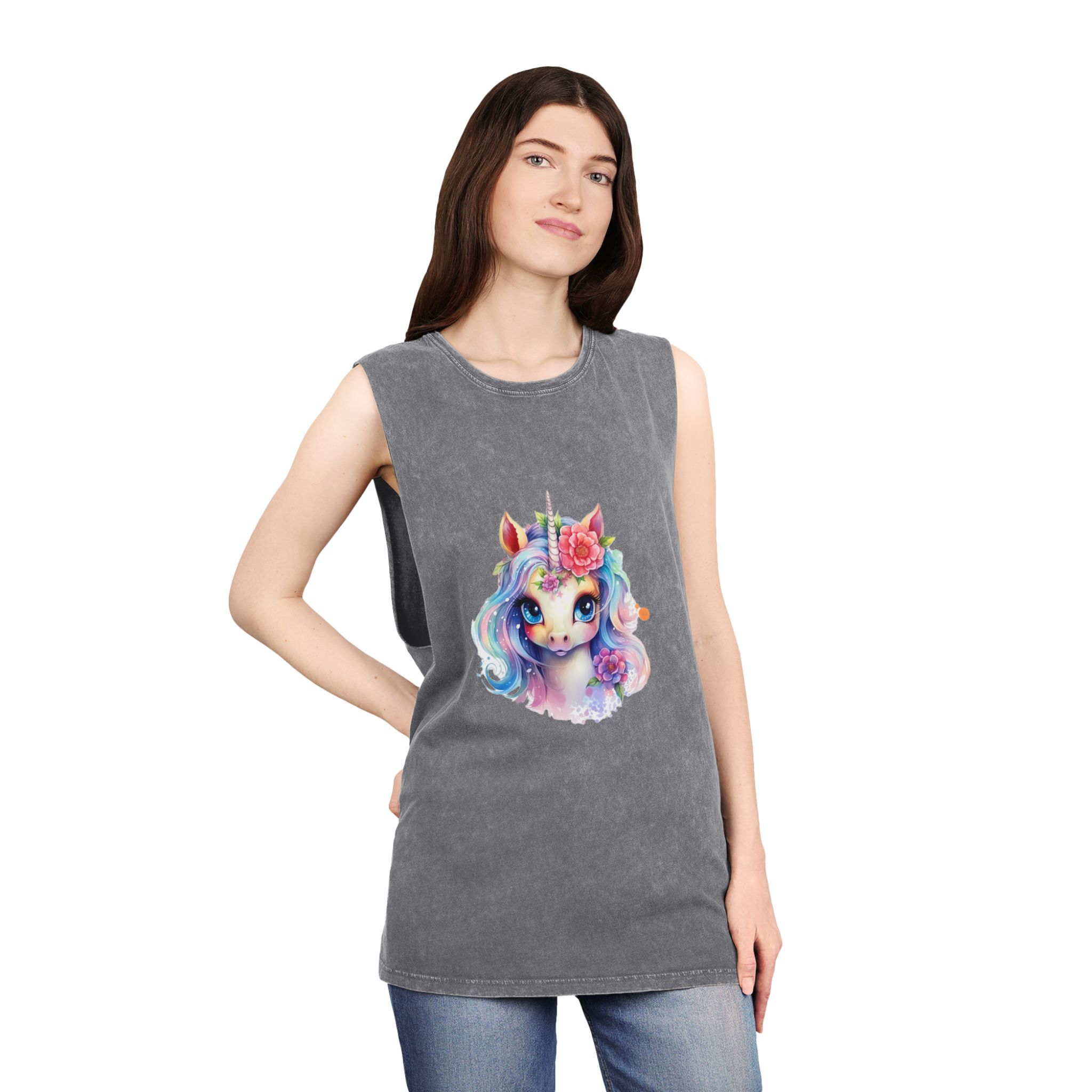 Cute Colorful Magic Unicorn With Flowers Watercolor Style (8) Unisex Stonewash Tank Top - Image 12
