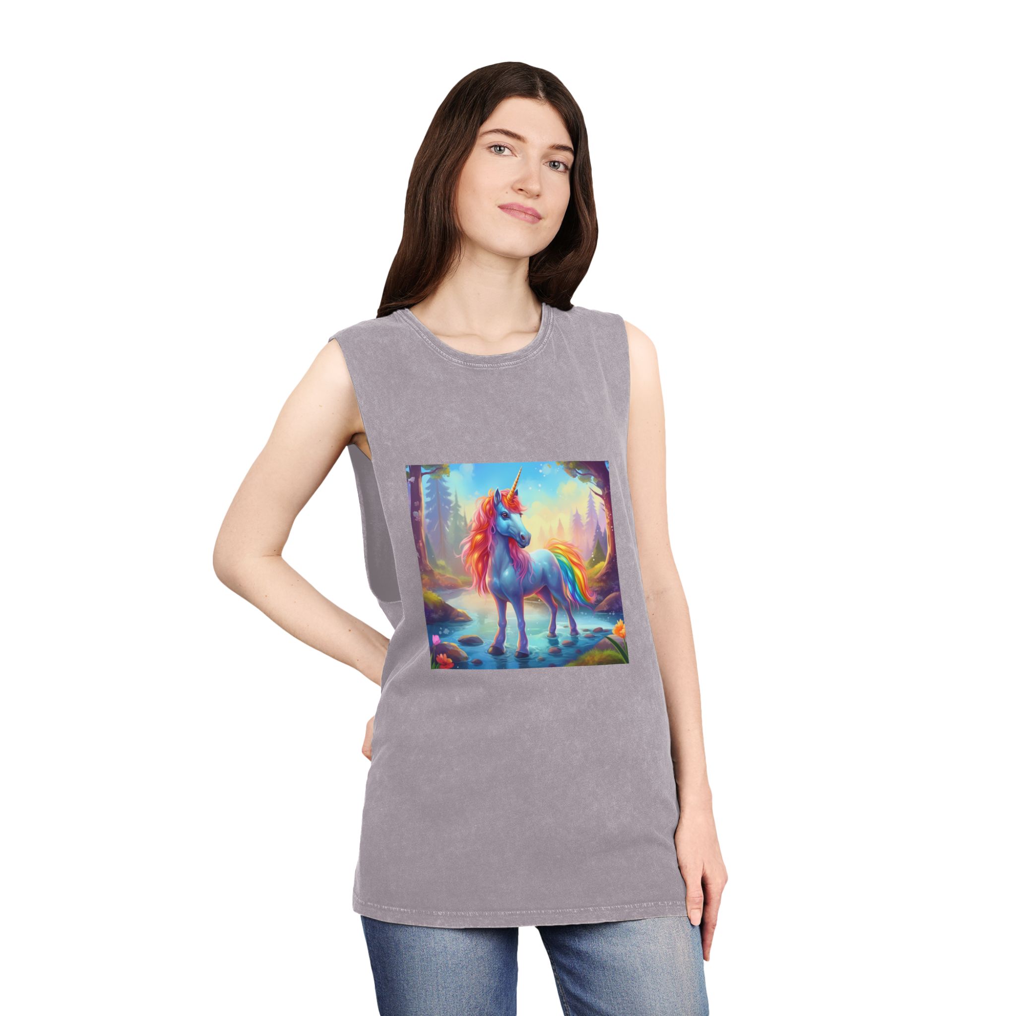 Unicorn Standing Stream Water Forest Generative Ai Unisex Stonewash Tank Top - Image 20