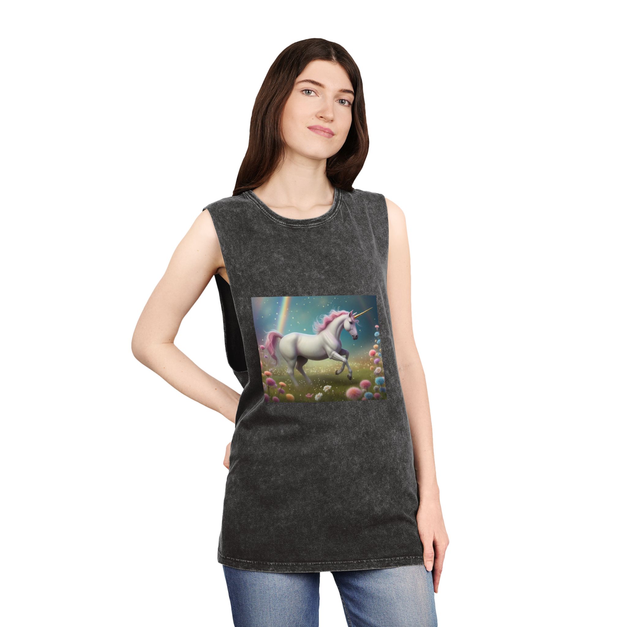Beautiful Unicorn Running Magical Meadow Unicorn Background Images Whimsical Unicorn (15) Unisex Stonewash Tank Top - Image 4