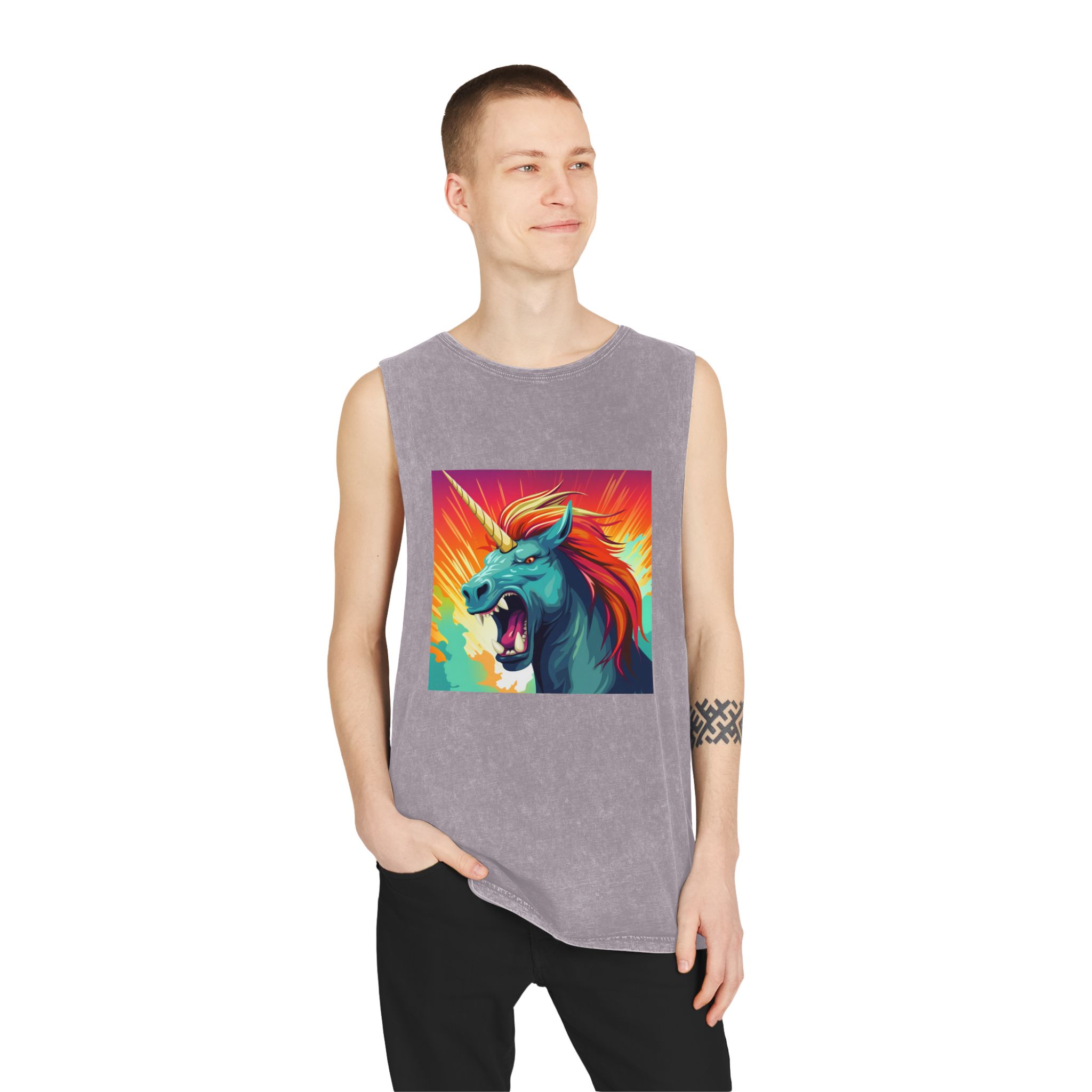 Illustration Unicorn With Colorful Mane Yellow Horn Generative Ai Unisex Stonewash Tank Top - Image 19