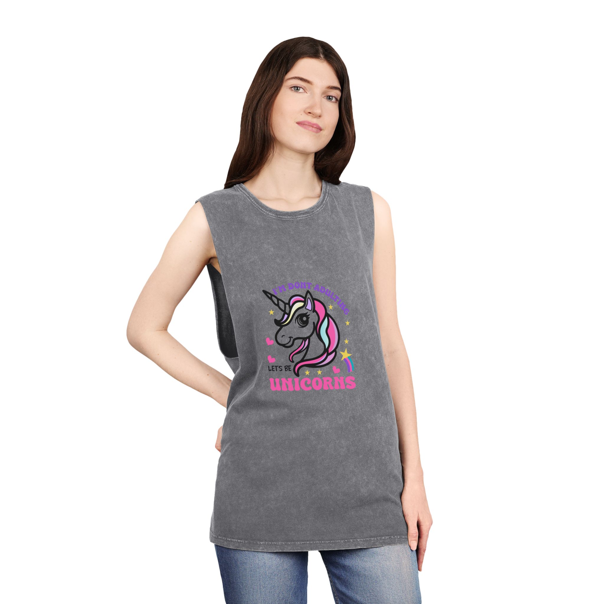 Cute Unicorn Illustration With Rainbow Stars Hearts Unisex Stonewash Tank Top - Image 12