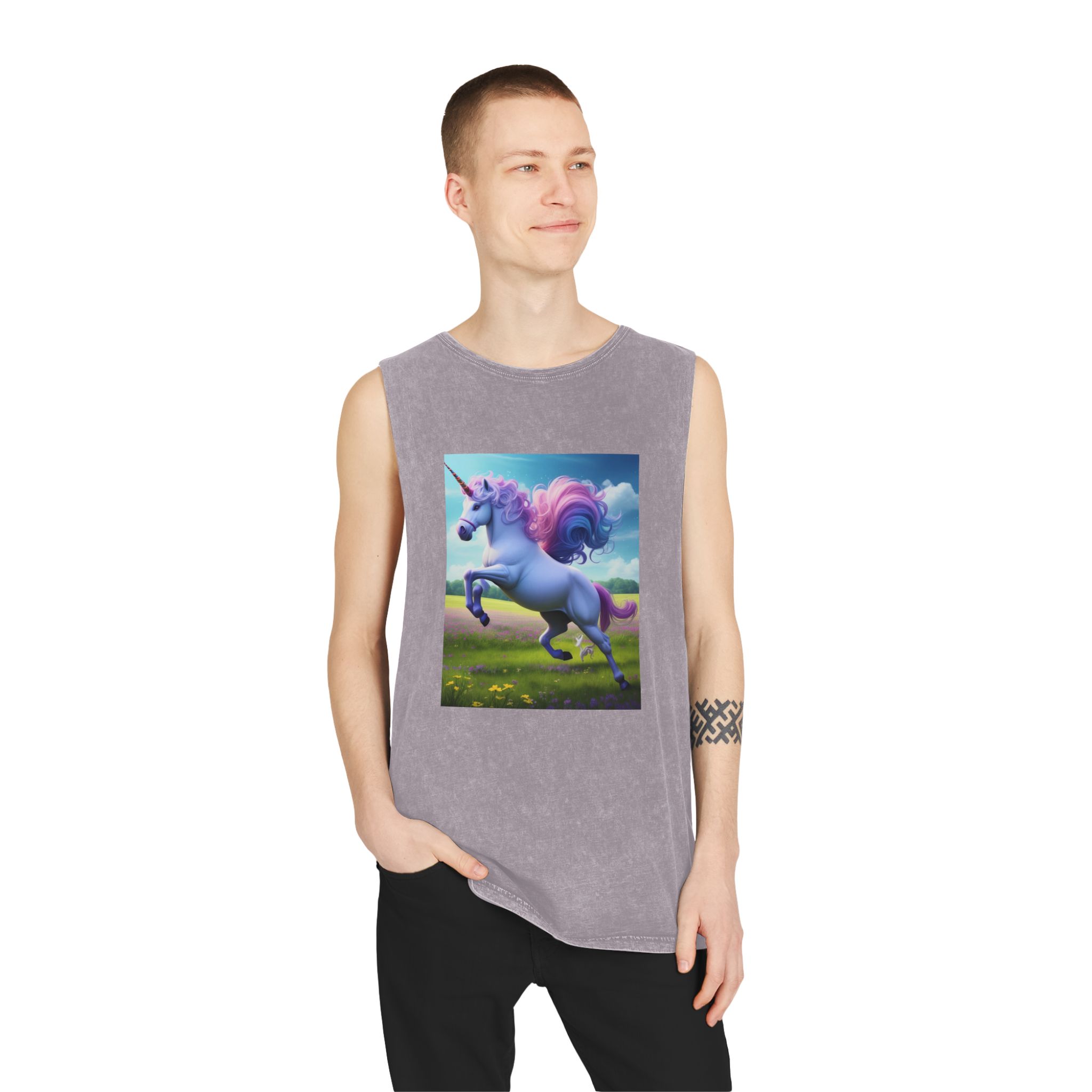 Beautiful Unicorn Running Magical Meadow Unicorn Background Images Whimsical Unicorn (26) Unisex Stonewash Tank Top - Image 19