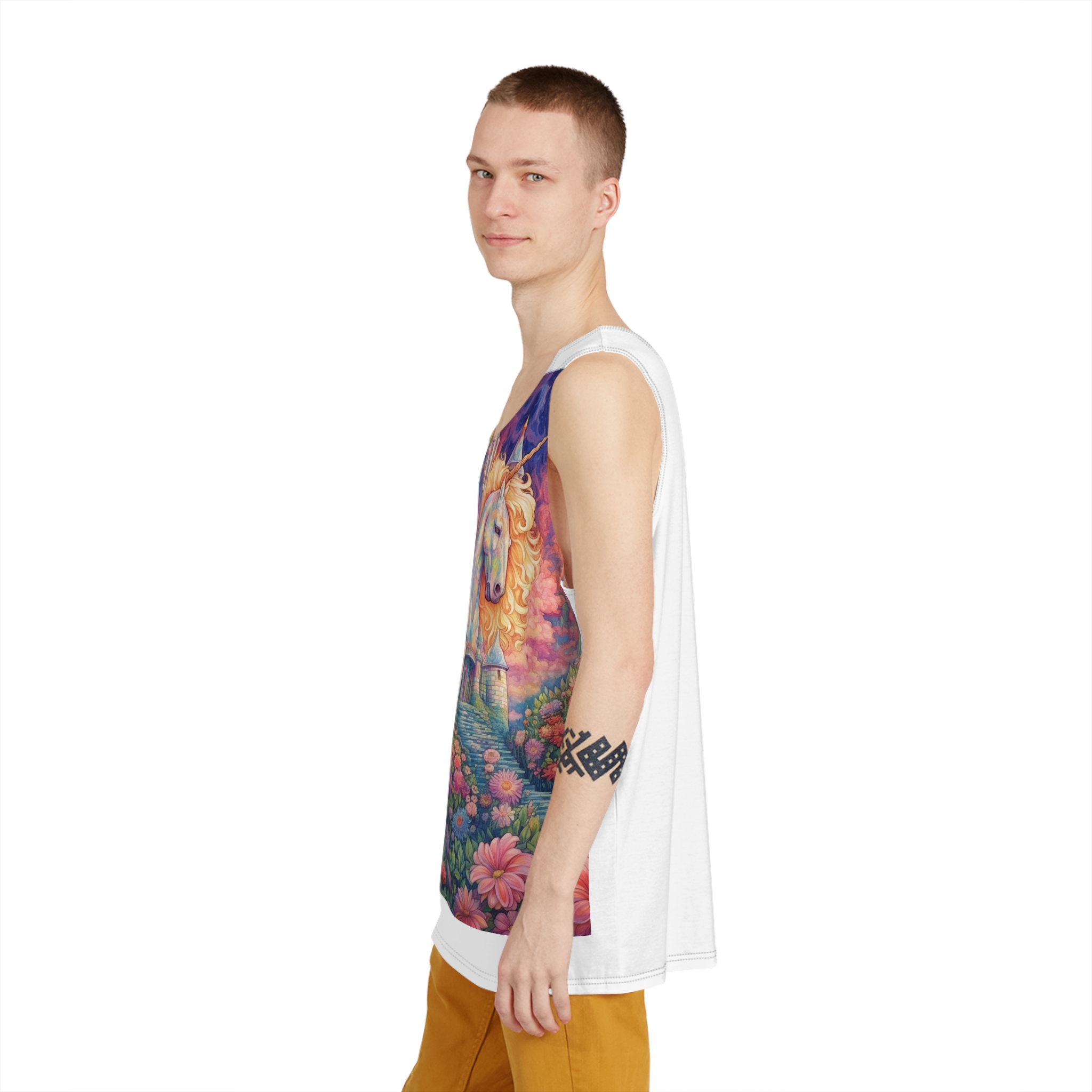Painting Unicorn Field Flowers With Castle Background Generative Ai (1) Mens Tank Aop