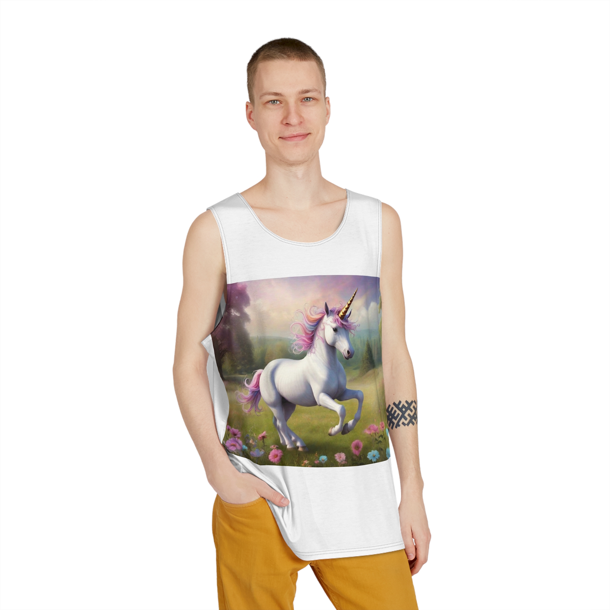 Beautiful Unicorn Running Magical Meadow Unicorn Background Images Whimsical Unicorn (85) Mens Tank Aop - Image 3