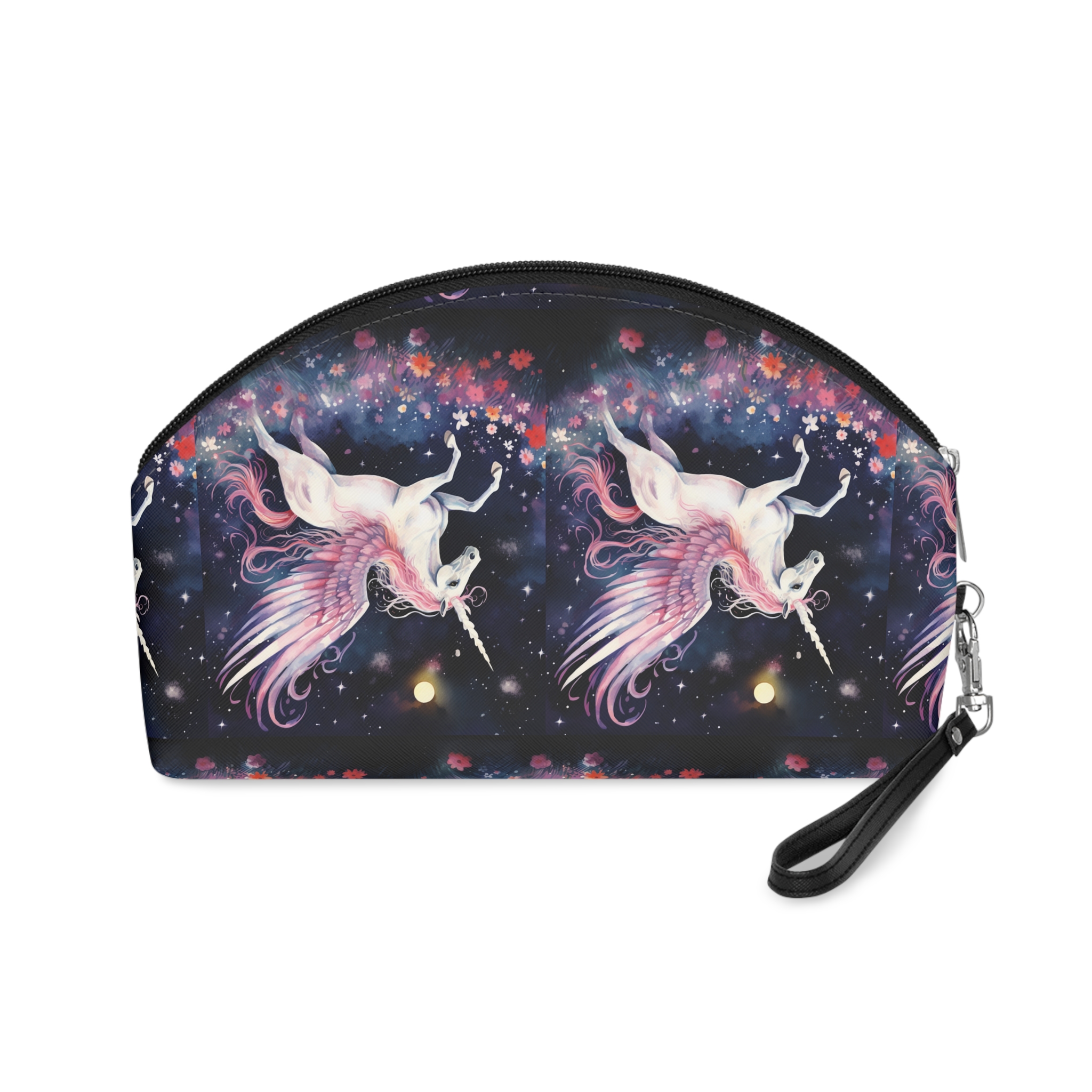 Unicorn With Wings Flying Night Sky With Flowers Generative Ai Makeup Bag - Image 2