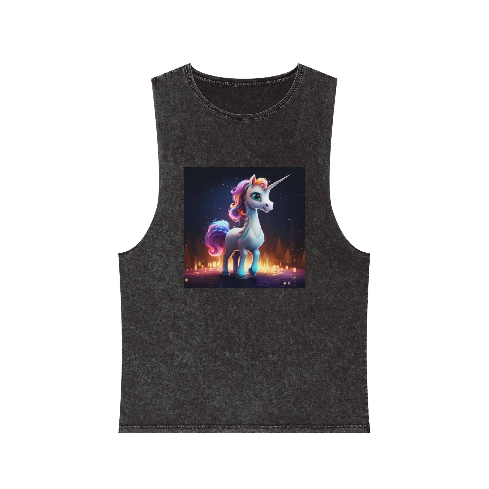 Unicorn Standing Wooden Platform With City Background Generative Ai Unisex Stonewash Tank Top