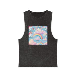 Playful Unicorns Among Flowers Clouds Rainbows Ice Creams Pastel Background (6) Unisex Stonewash Tank Top