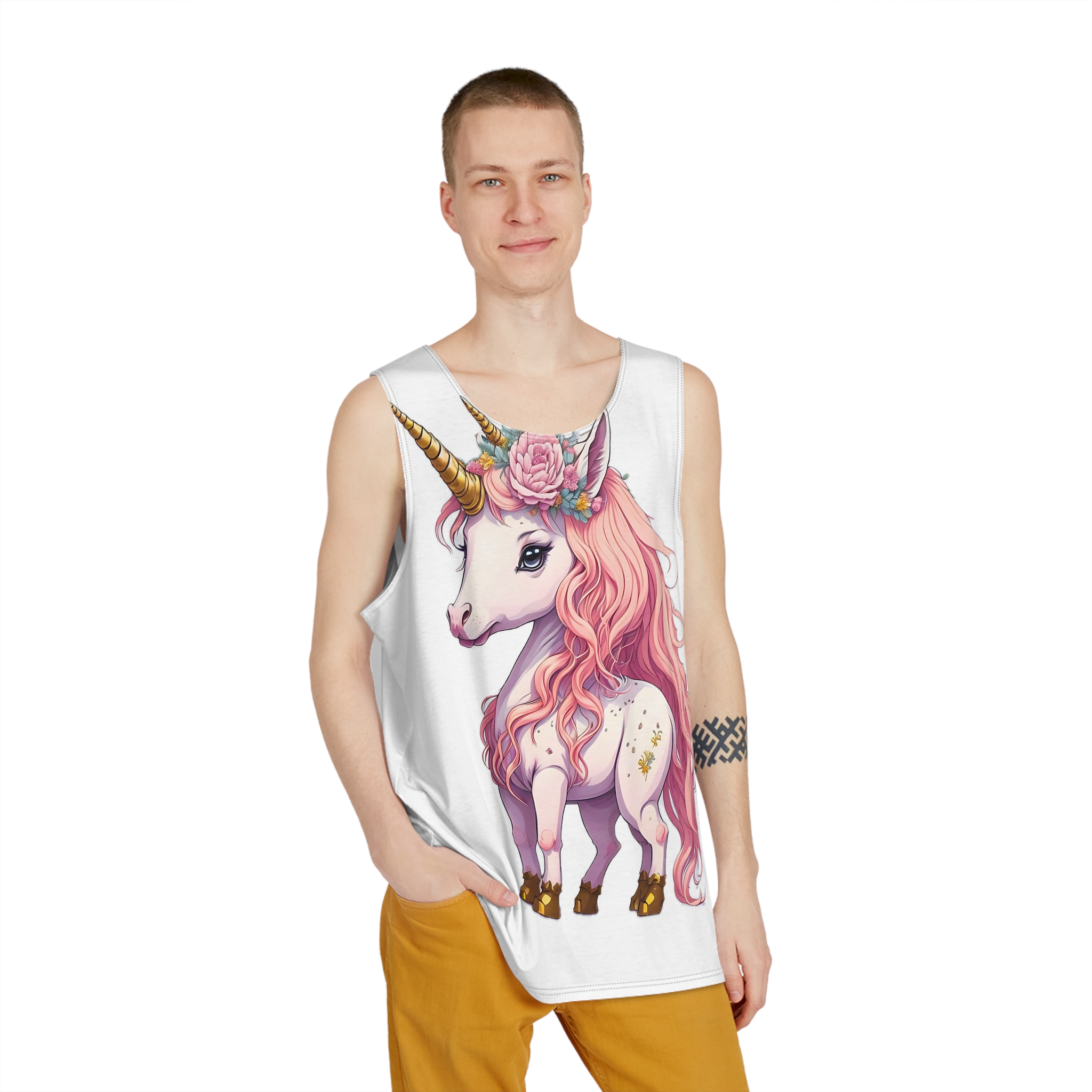 Pink Baby Unicorn Cartoon With Gold Horn Generative Ai Mens Tank Aop - Image 3
