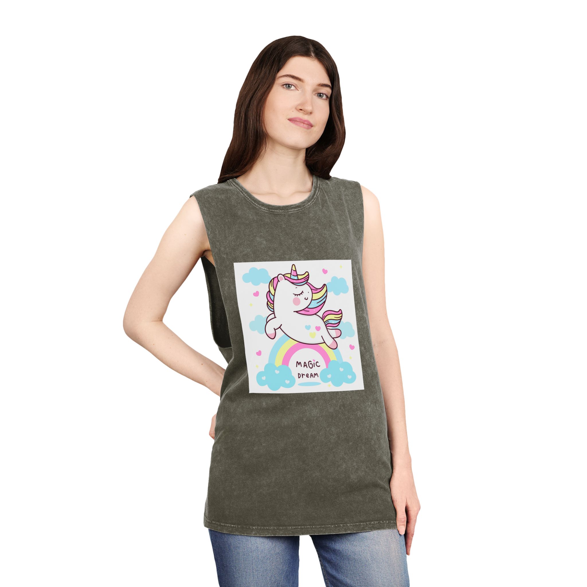 Cute Unicorn Pegasus Vector Fly On Sky With Rainbow Sweet Heart and Cloud Pony Cartoon Pastel Background Valentines Day Unisex Stonewash Tank Top - Image 8