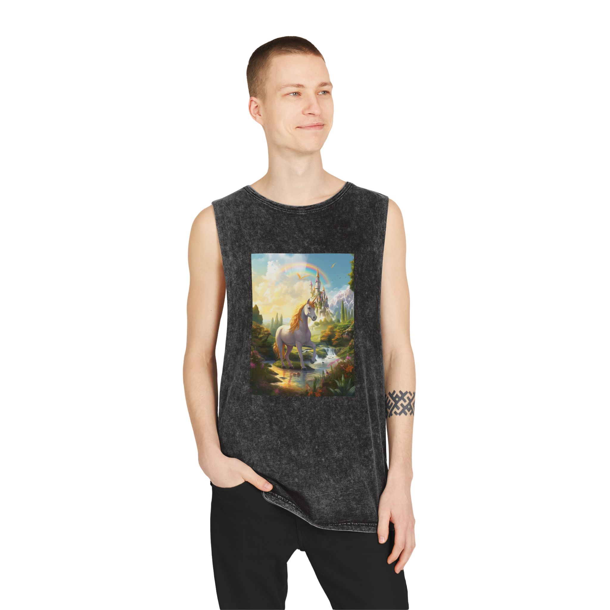 Painting Unicorn Fantasy Setting With Castle Background Generative Ai Unisex Stonewash Tank Top - Image 3