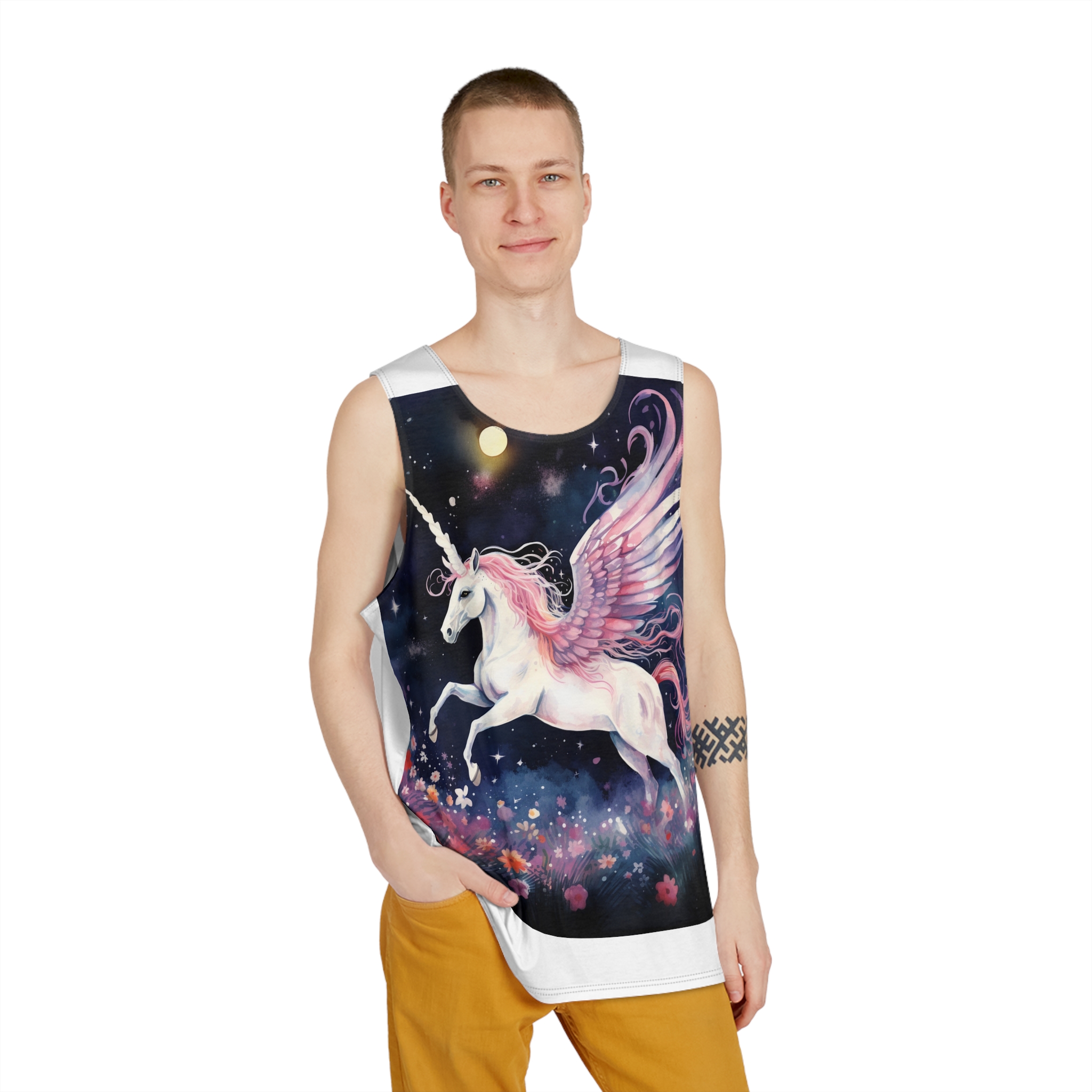 Unicorn With Wings Flying Night Sky With Flowers Generative Ai Mens Tank Aop - Image 3