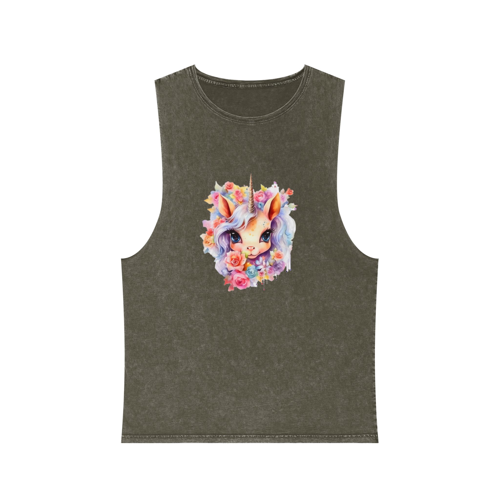 Cute Colorful Magic Unicorn With Flowers Watercolor Style (4) Copy Unisex Stonewash Tank Top - Image 5