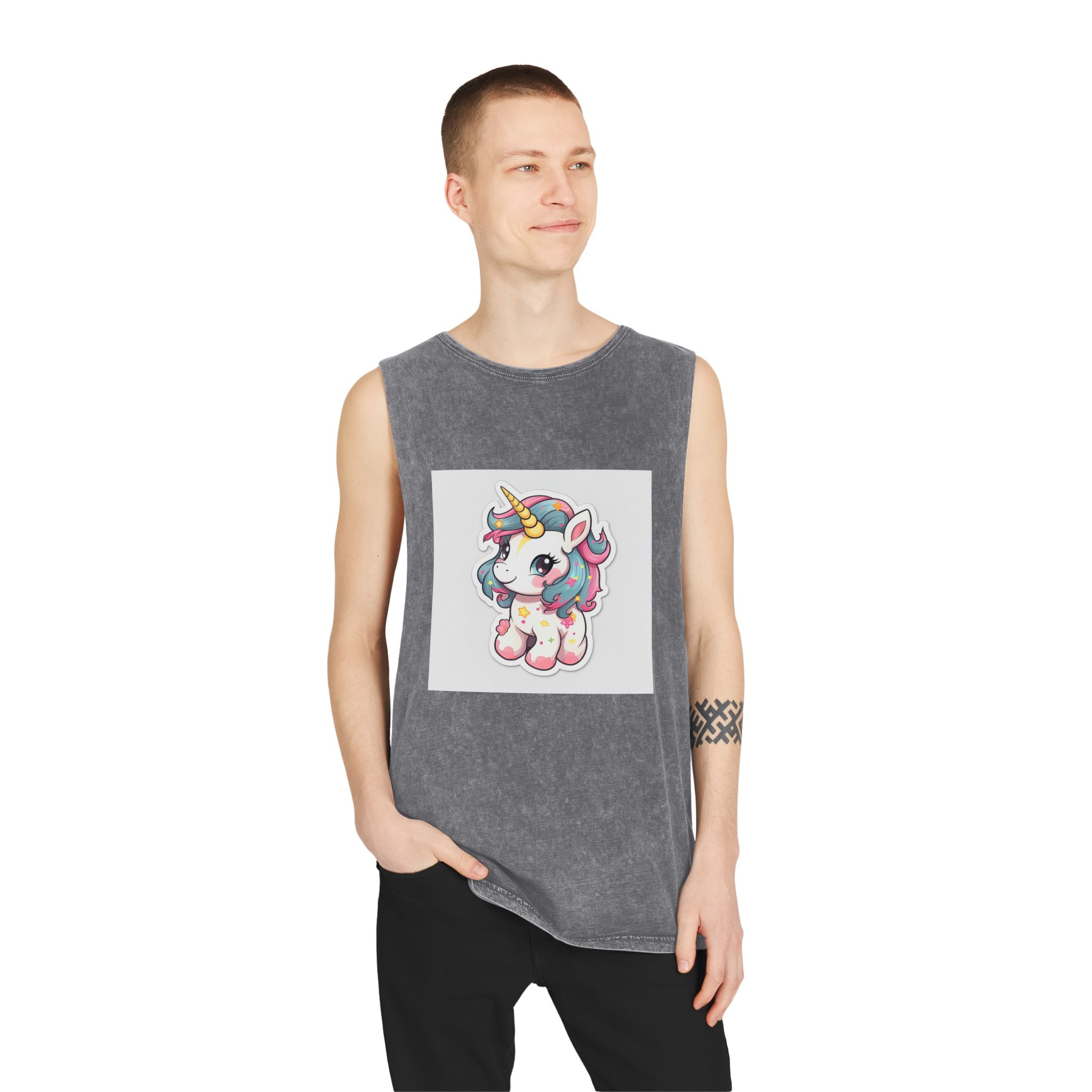 Cartoon Unicorn With Pink Mane Tail With Stars It Unisex Stonewash Tank Top - Image 11