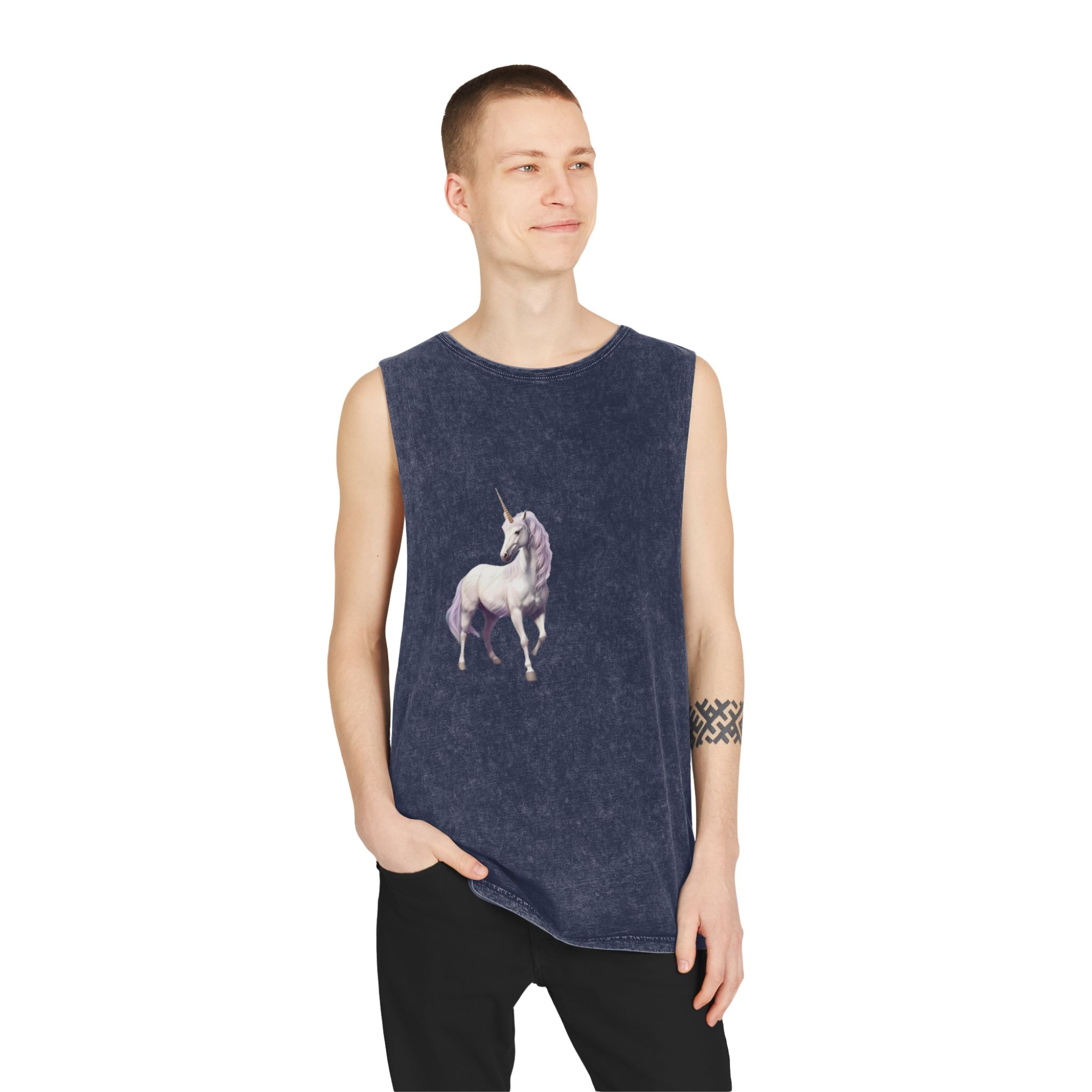 Unicorn Standing Field Flowers With Mountains Background Generative Ai Unisex Stonewash Tank Top - Image 15