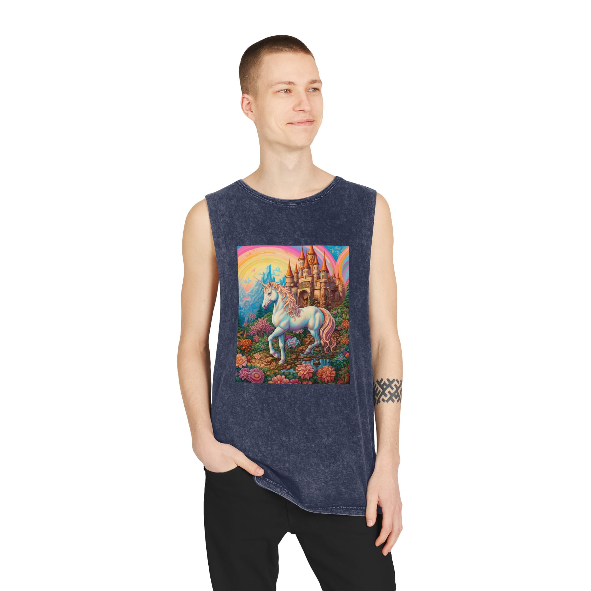 Painting Unicorn Fantasy Setting With Castle Background Generative Ai Copy Unisex Stonewash Tank Top - Image 15