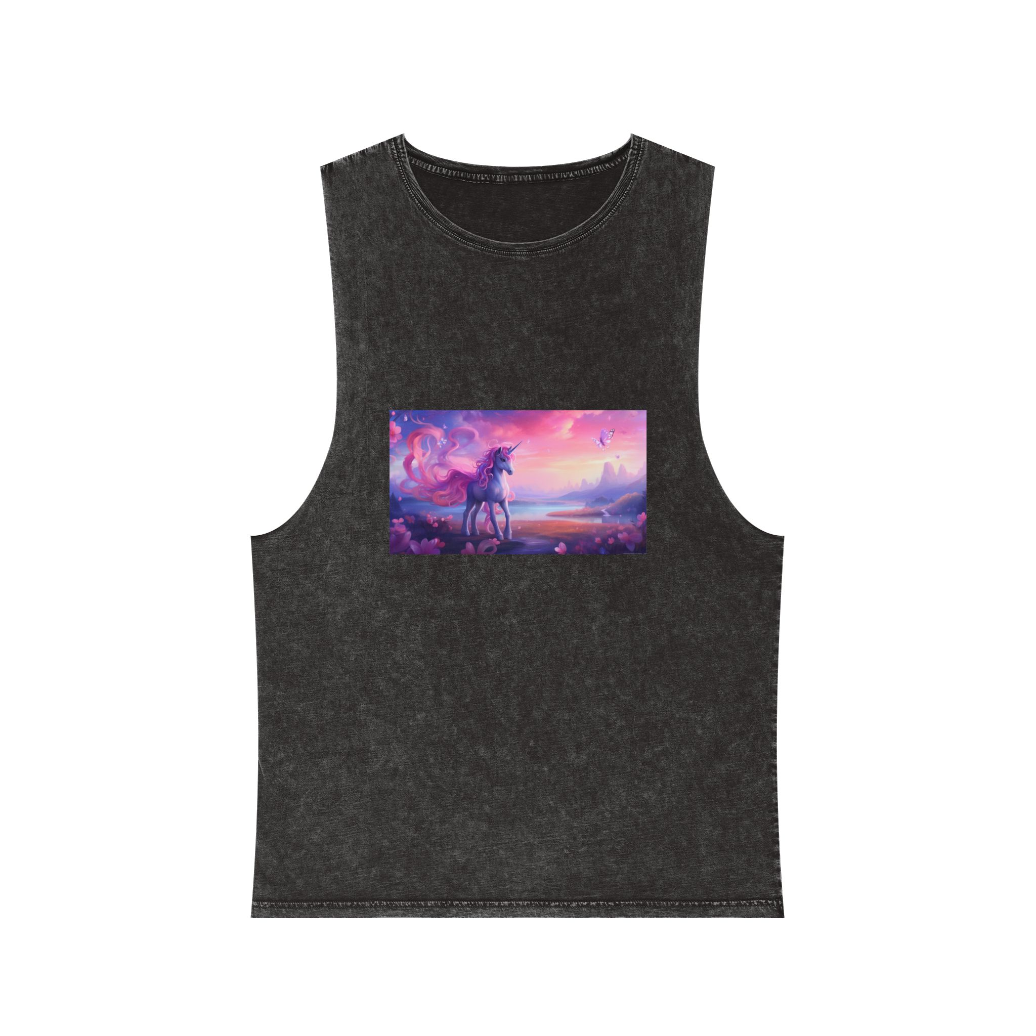 Unicorn Standing Field Flowers With Butterflies Flying Around Generative Ai Unisex Stonewash Tank Top