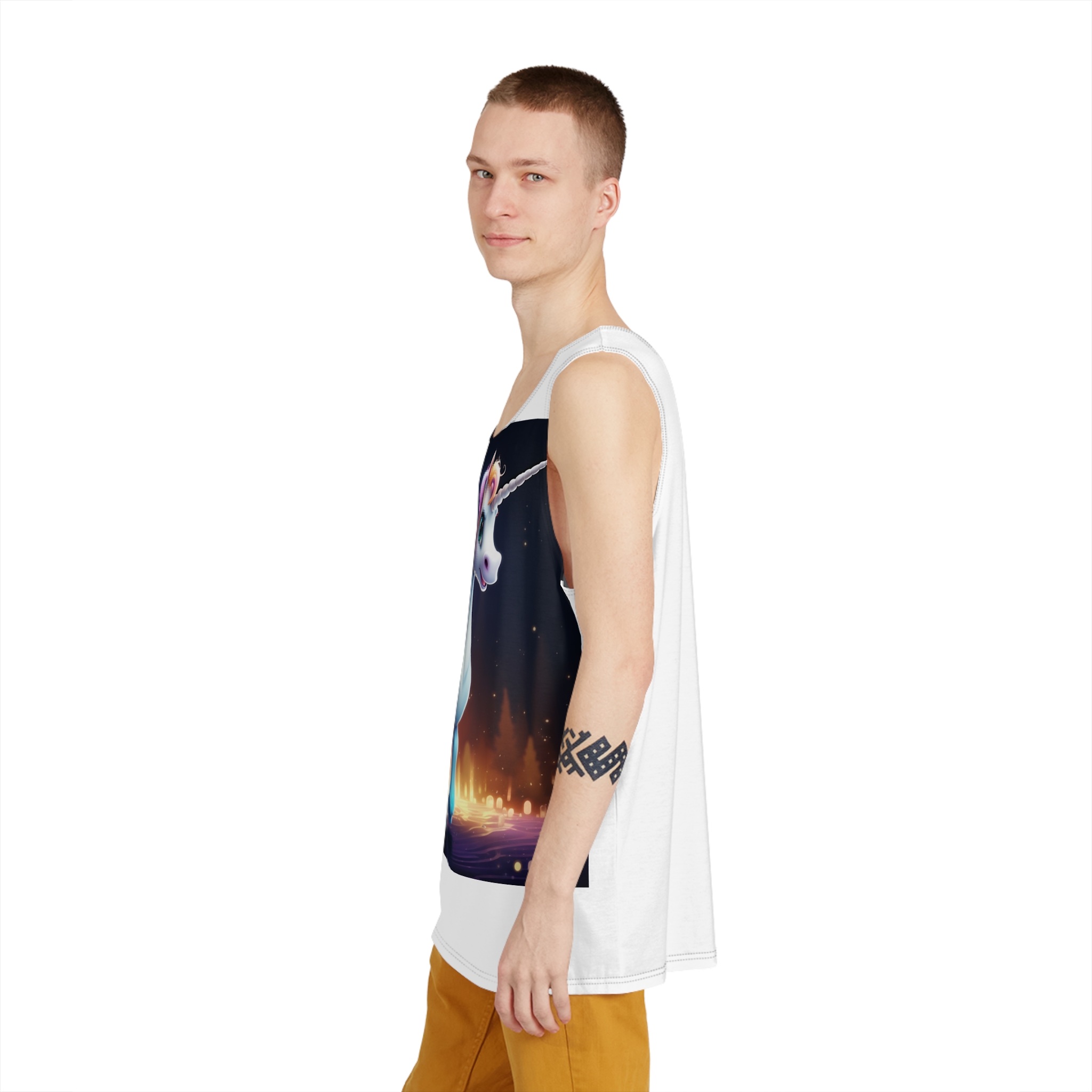 Unicorn Standing Wooden Platform With City Background Generative Ai Mens Tank Aop