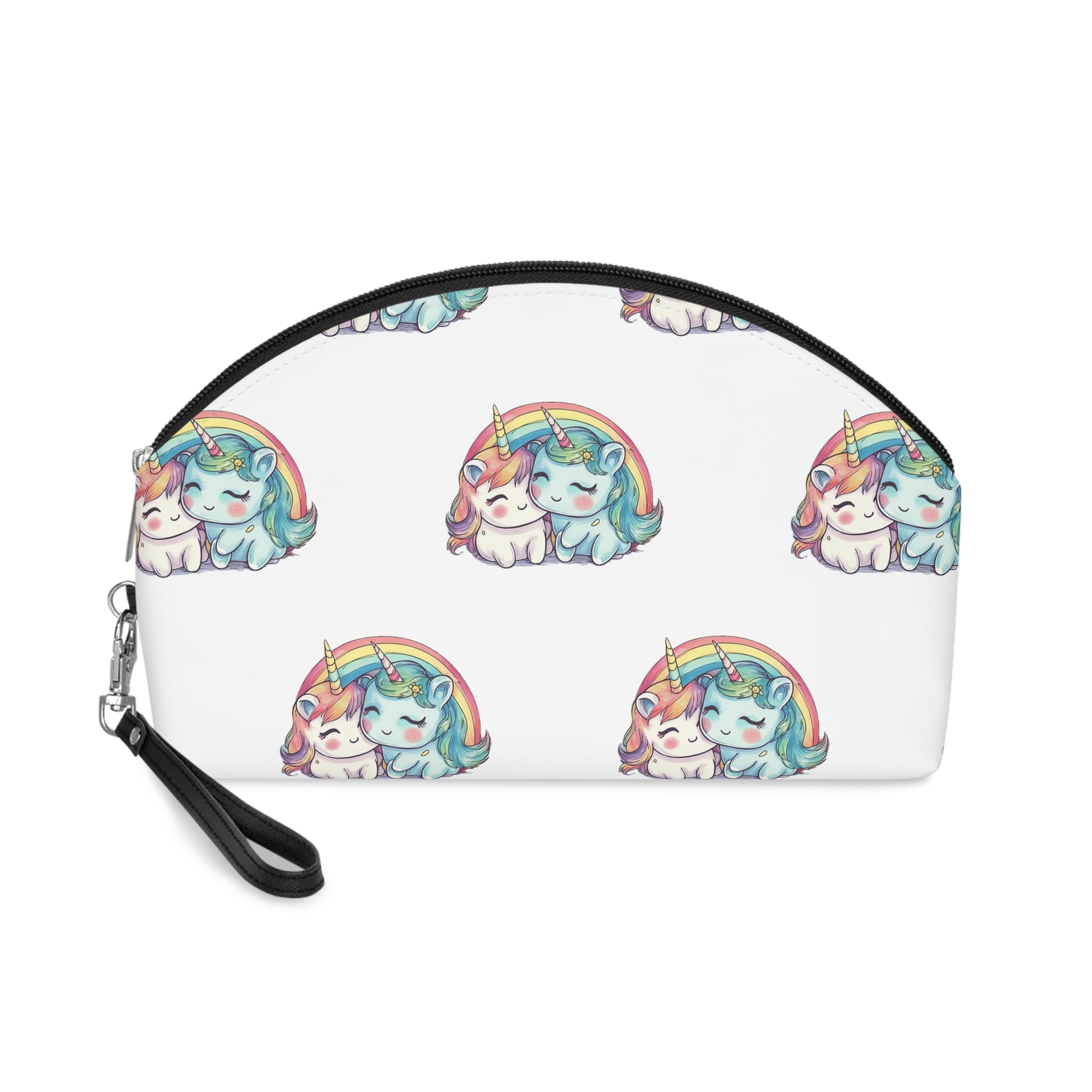 Pair Adorable Light Blue Pink Unicorns Isolated Rainbow Colors Background (1) Makeup Bag