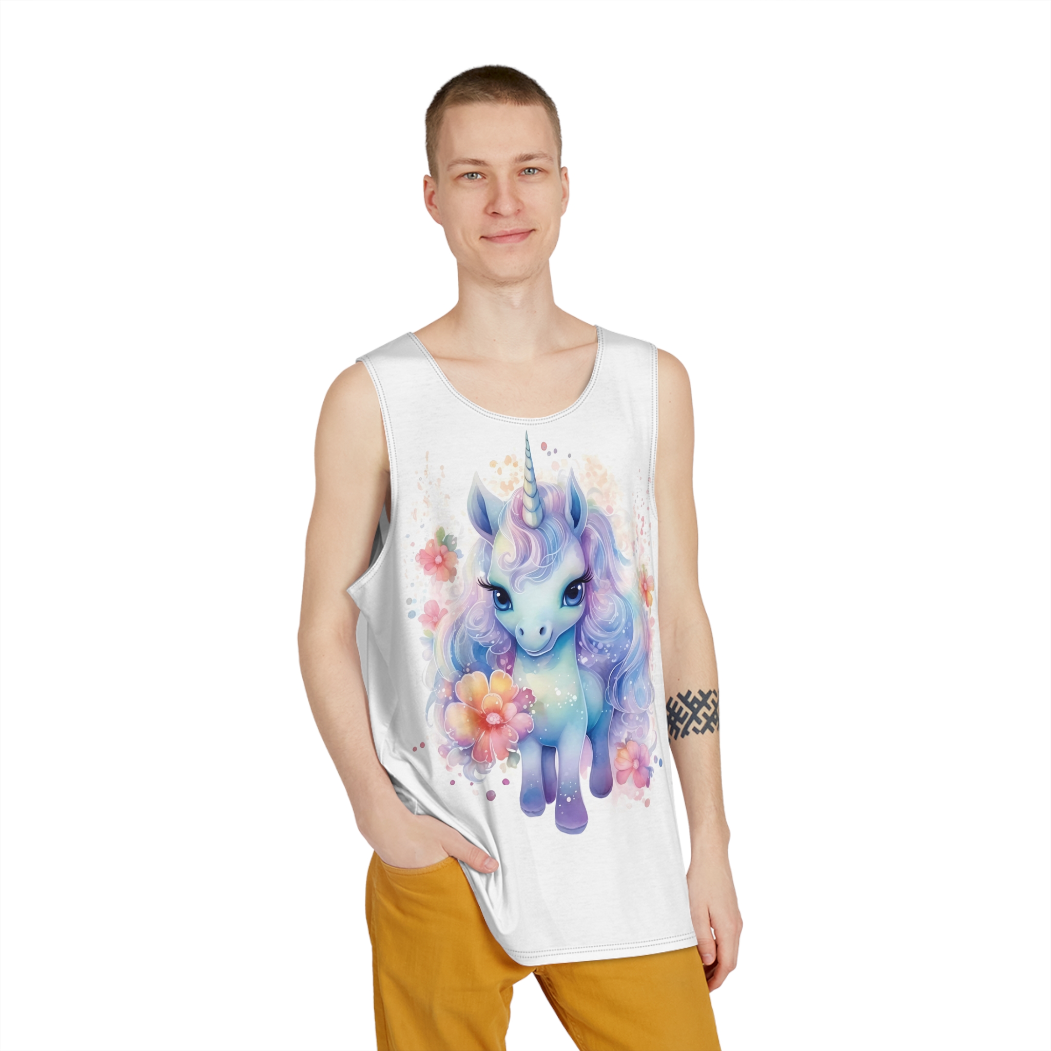 Cute Colorful Magic Unicorn With Flowers Watercolor Style Copia Mens Tank Aop - Image 3