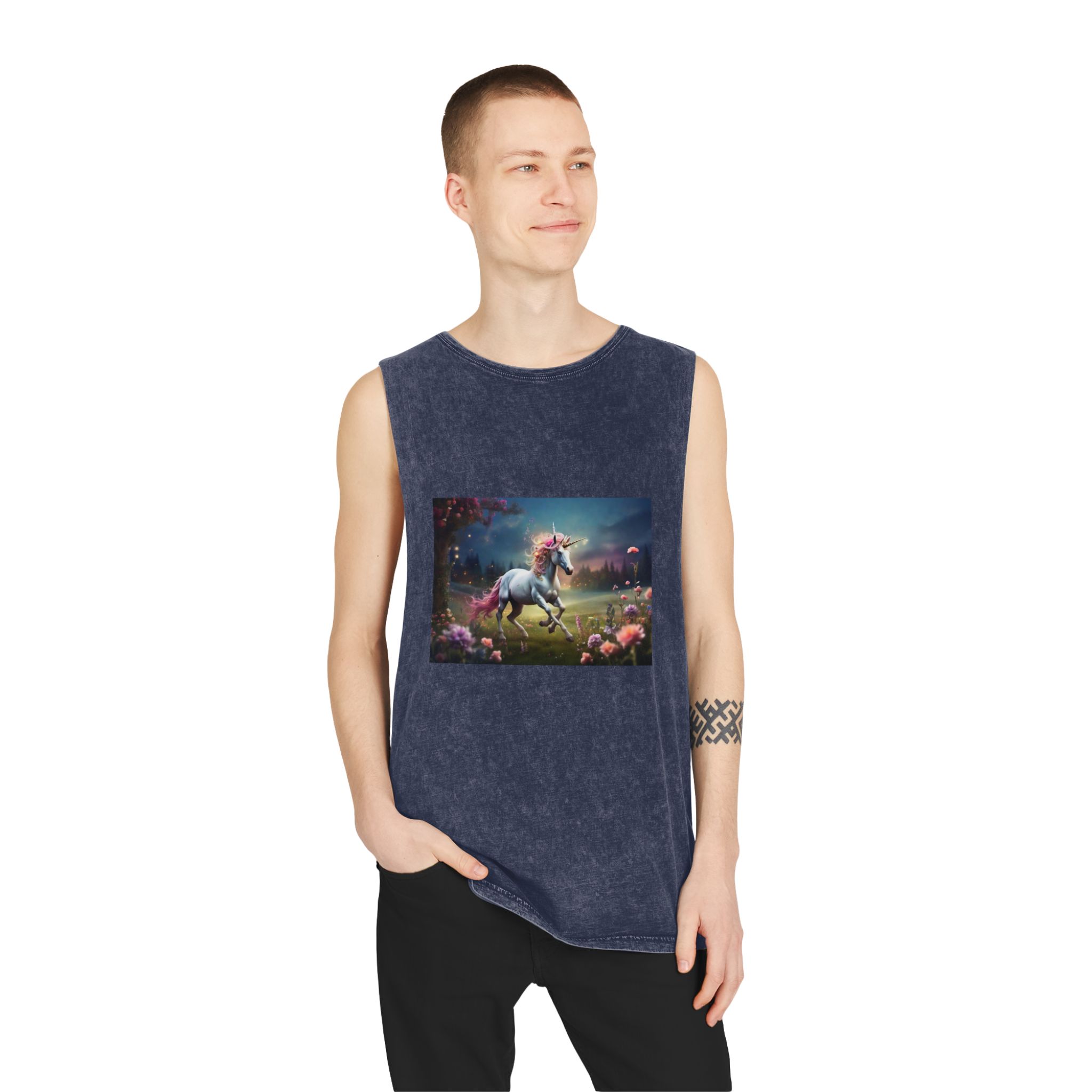 Beautiful Unicorn Running Magical Meadow Unicorn Background Images Whimsical Unicorn (36) Unisex Stonewash Tank Top - Image 15