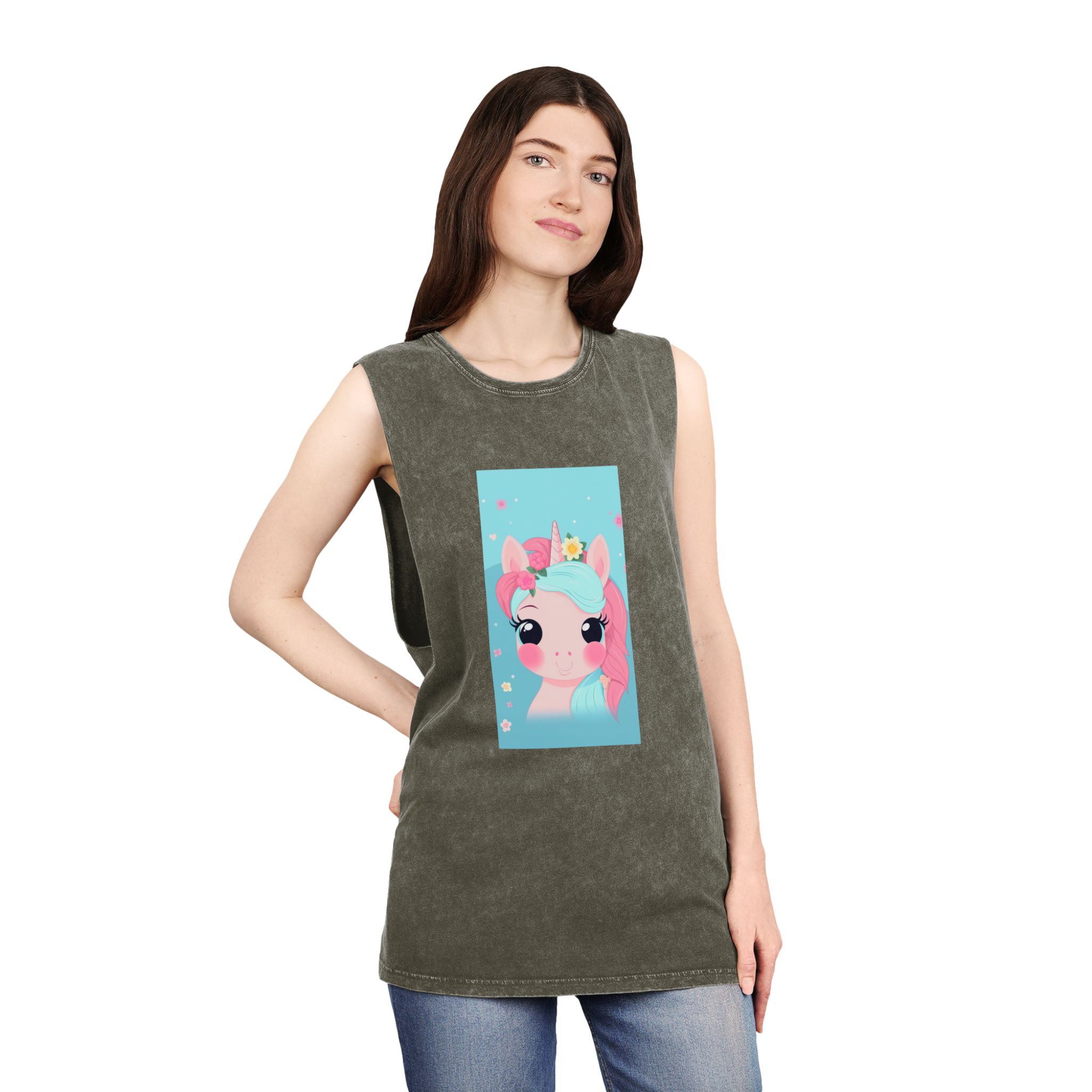 Close Up Cartoon Unicorn With Flower Crown Her Head Generative Ai Unisex Stonewash Tank Top - Image 8