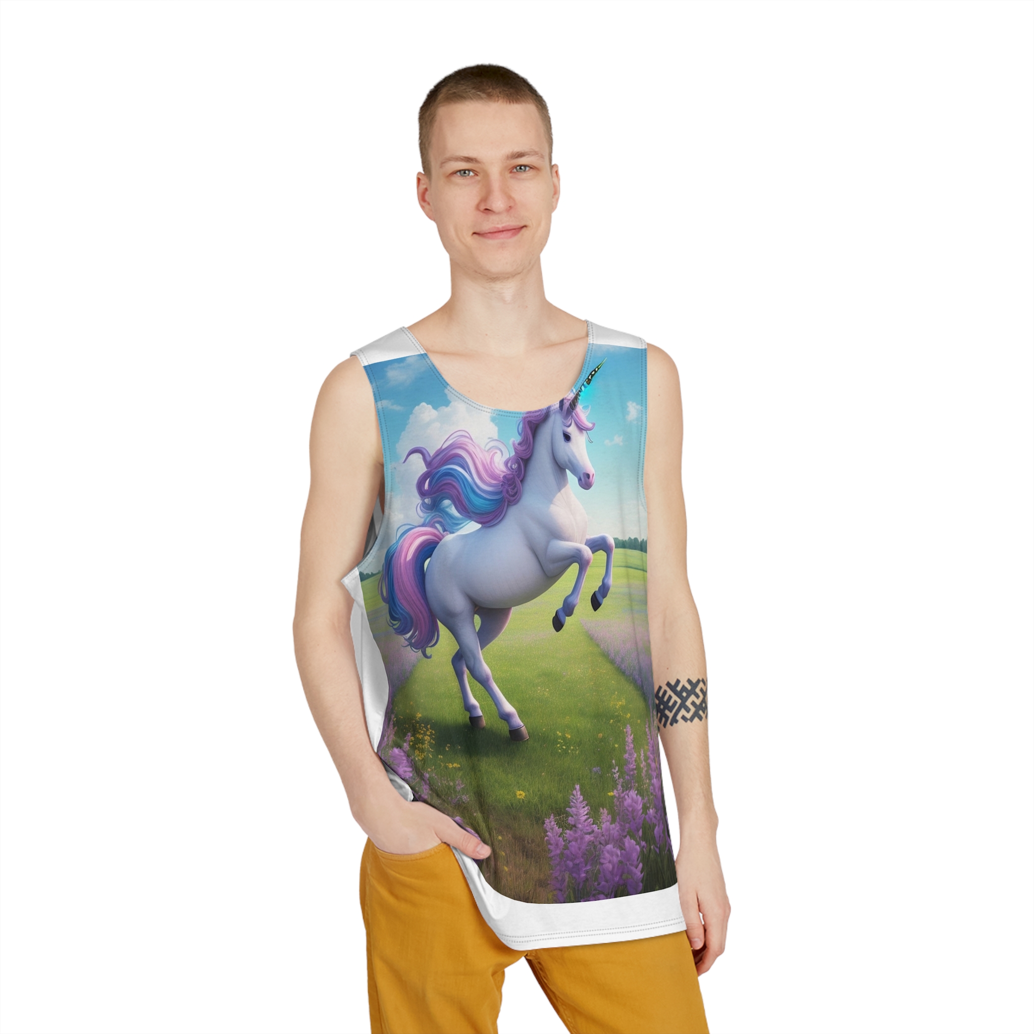 Beautiful Unicorn Running Magical Meadow Unicorn Background Images Whimsical Unicorn (24) Mens Tank Aop - Image 3