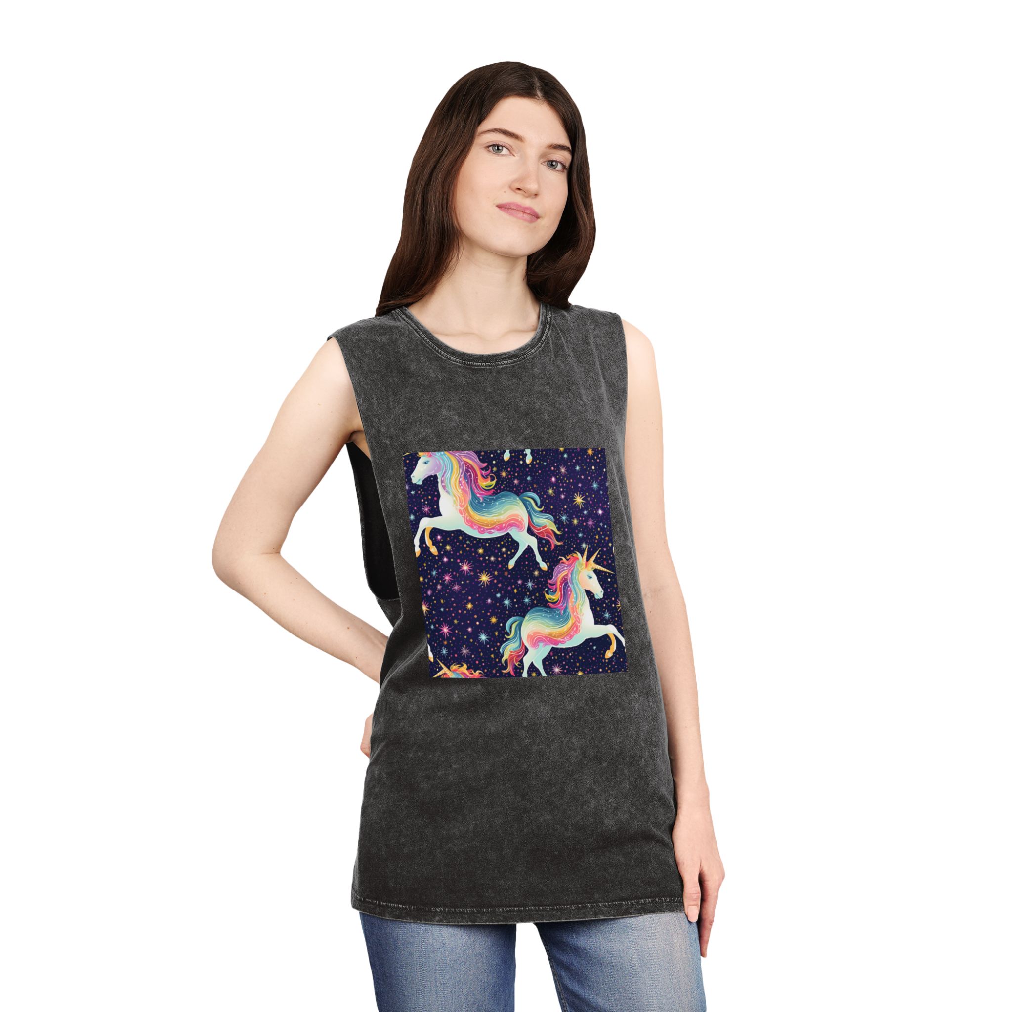 Seamless Pattern With Unicorns Stars Dark Background Generative Ai Unisex Stonewash Tank Top - Image 4