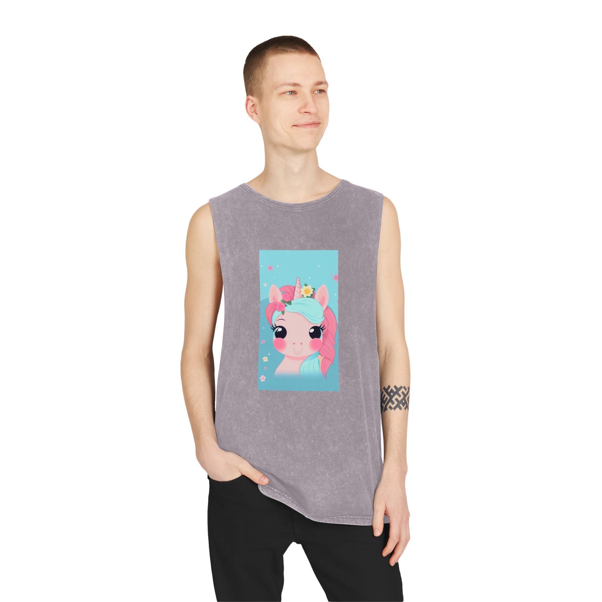 Close Up Cartoon Unicorn With Flower Crown Her Head Generative Ai Unisex Stonewash Tank Top - Image 19