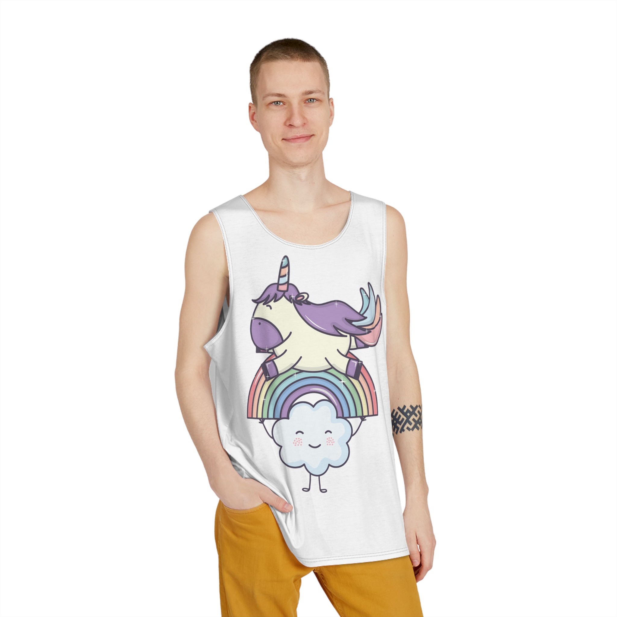 Cute Adorable Unicorn With Clouds Rainbow (1) Mens Tank Aop - Image 3