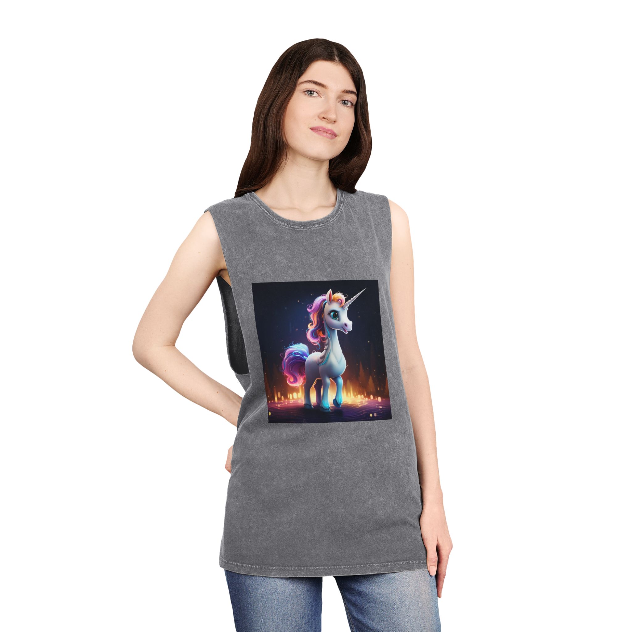 Unicorn Standing Wooden Platform With City Background Generative Ai Unisex Stonewash Tank Top - Image 12