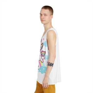 Cute Unicorn Pegasus Vector Fly On Sky With Rainbow Sweet Heart and Cloud Pony Cartoon Pastel Background Valentines Day Mens Tank Aop