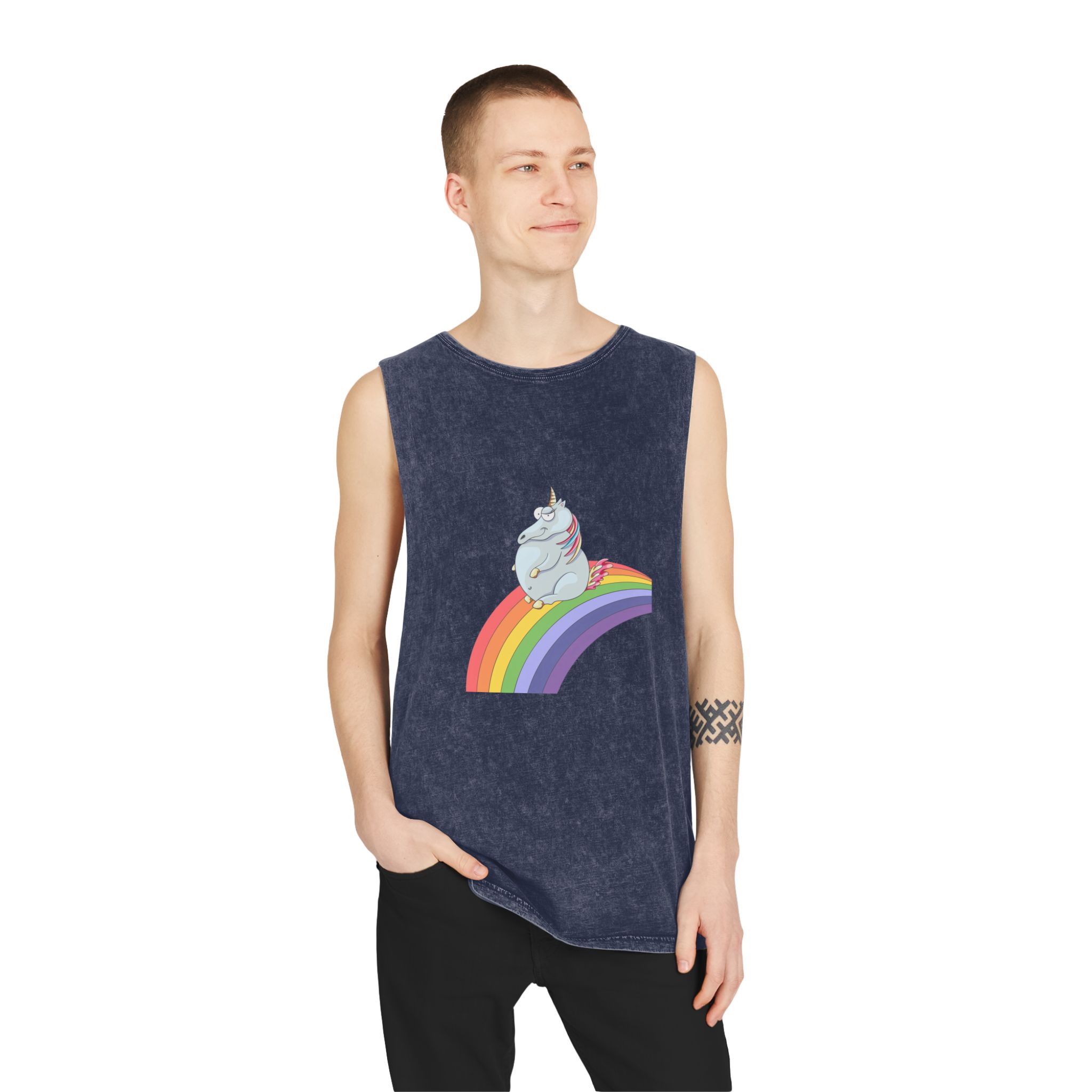 Unicorn and Rainbow Childrens Tale Magic Art Flat Unisex Stonewash Tank Top - Image 15