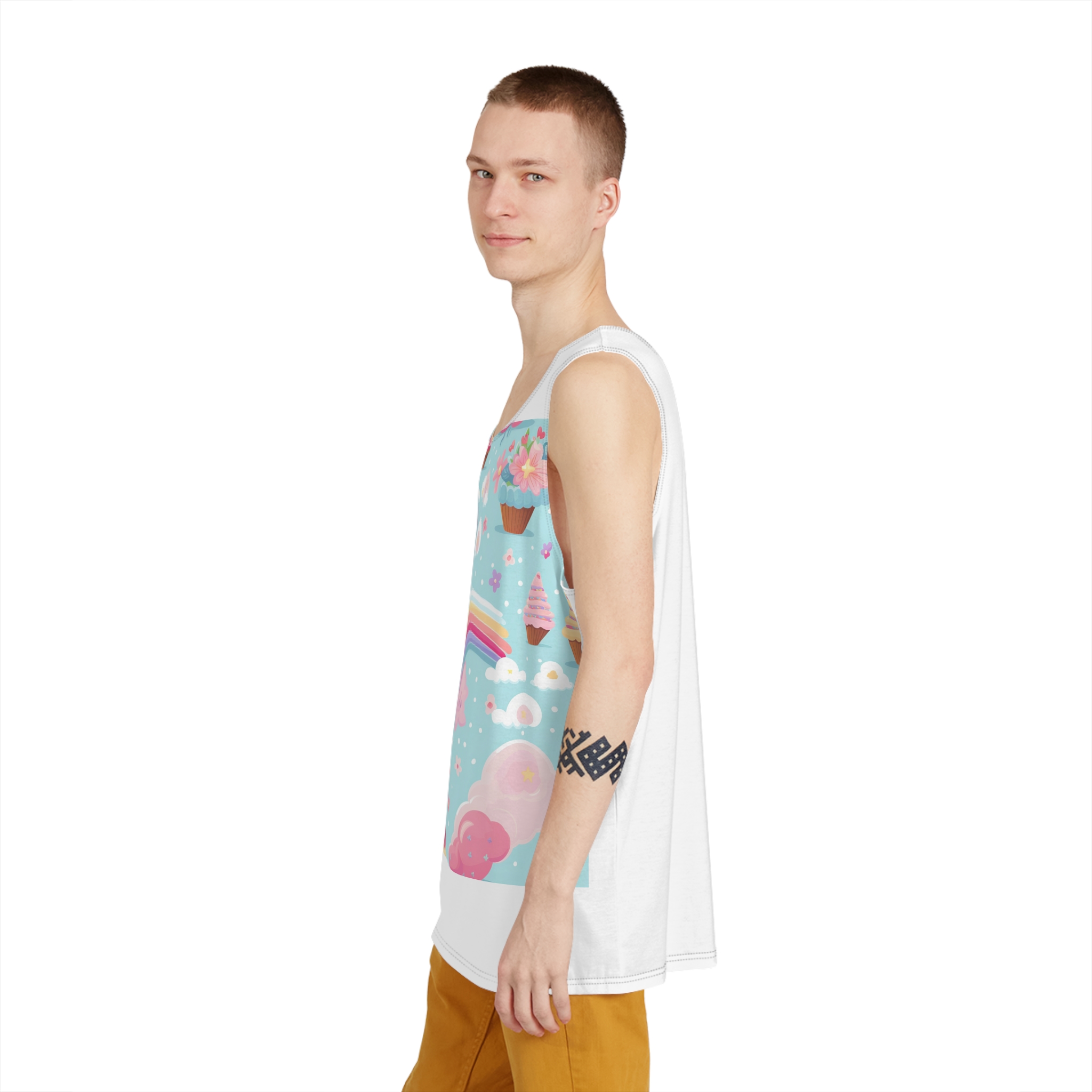 Playful Unicorns Among Flowers Clouds Rainbows Ice Creams Pastel Background (1) Mens Tank Aop