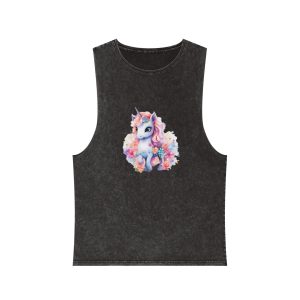 Cute Colorful Magic Unicorn With Flowers Watercolor Style (12) Unisex Stonewash Tank Top