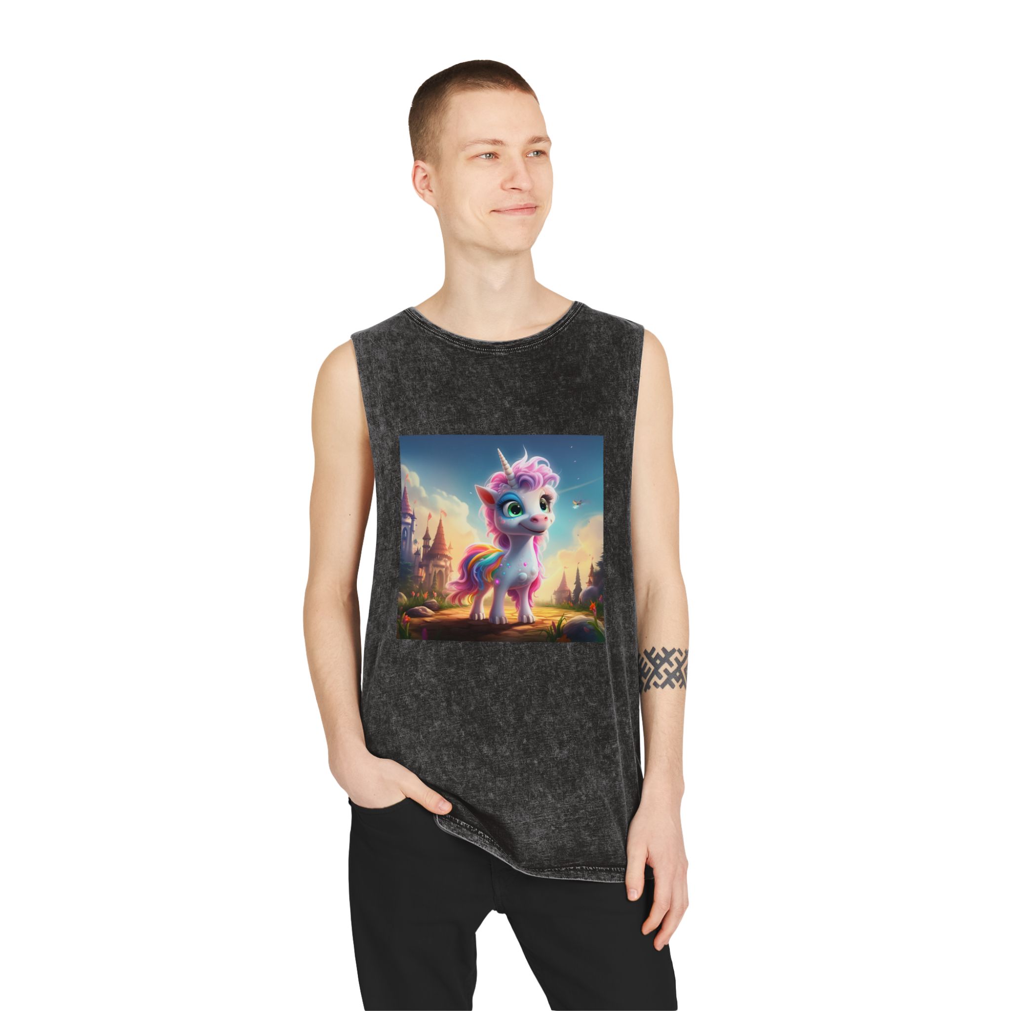 Unicorn Standing Rock Front Castle Generative Ai Unisex Stonewash Tank Top - Image 3